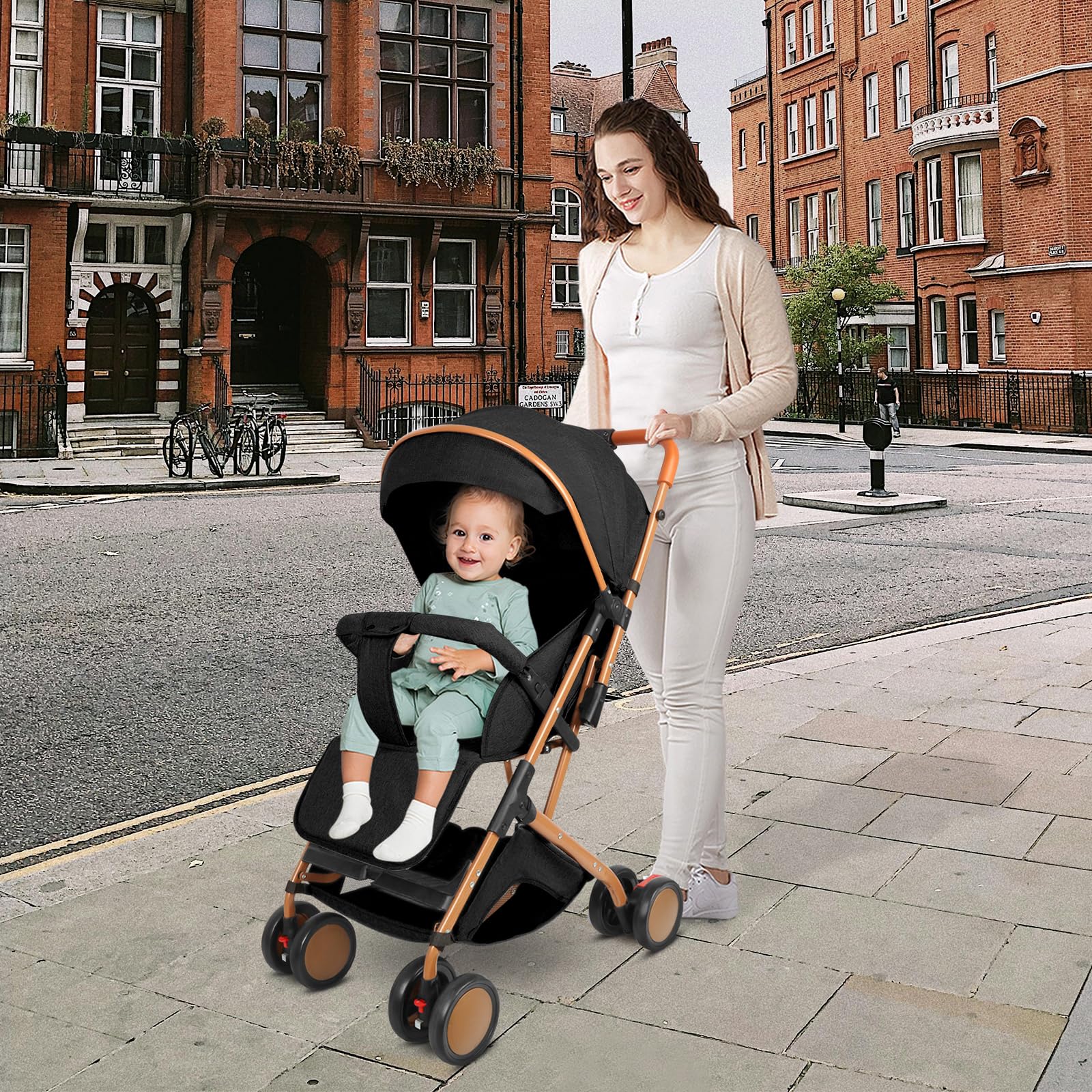 Passeggino Canna Ultra Compatta, Schienale Inclinabile Multiposizioni, Pieghevole Facile, Ruote EVA Ammortizzanti, Cappuccio Estensibile, Adatto 0-6 anni, 15 kg (nero)