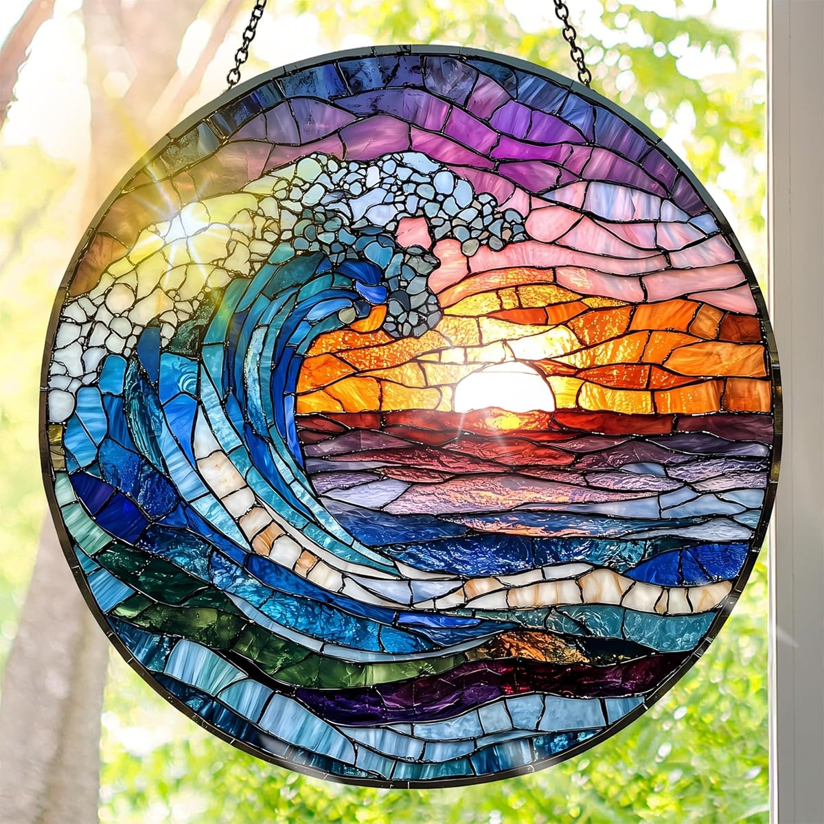 Atrapasueños acrílico colorido, estilo vitral de paisaje, colgante para ventana, idea de regalo y adorno de jardín para uso en interiores y exteriores, sala de estar y decoración de arte de pared de árbol de 7,8 x 7,8 pulgadas