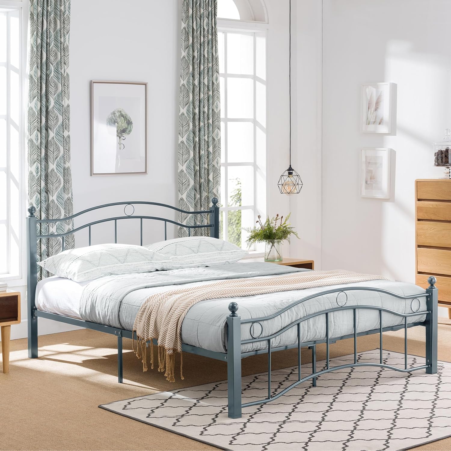 Christopher Knight Home Oner Sturdy Metal Platform Bed Frame Queen Size with Wavy Headboard/Footboard, Queen Bed Frame No Box Spring Needed, Iron Bed Support and Slats, Easy Assembly, Blue