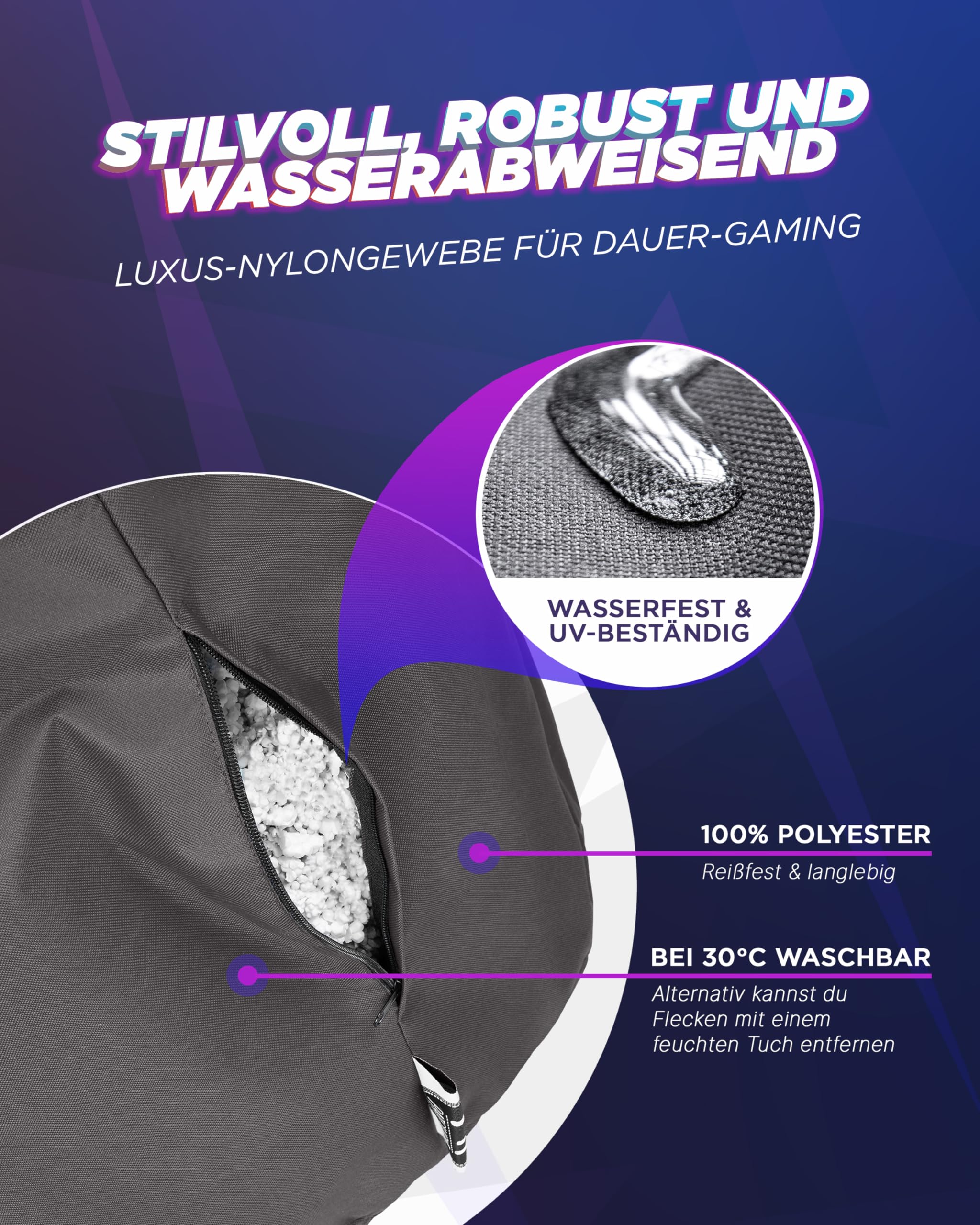 PATCH HOME Gamer Kissen & Lounge Sitzsack – befüllbar mit Reißverschluss, gefüllt mit Styropor, geeignet für In- & Outdoor. Perfekt als Gaming Sessel Sitzkissen (Anthrazit - Ø 80cm x Höhe 90cm)
