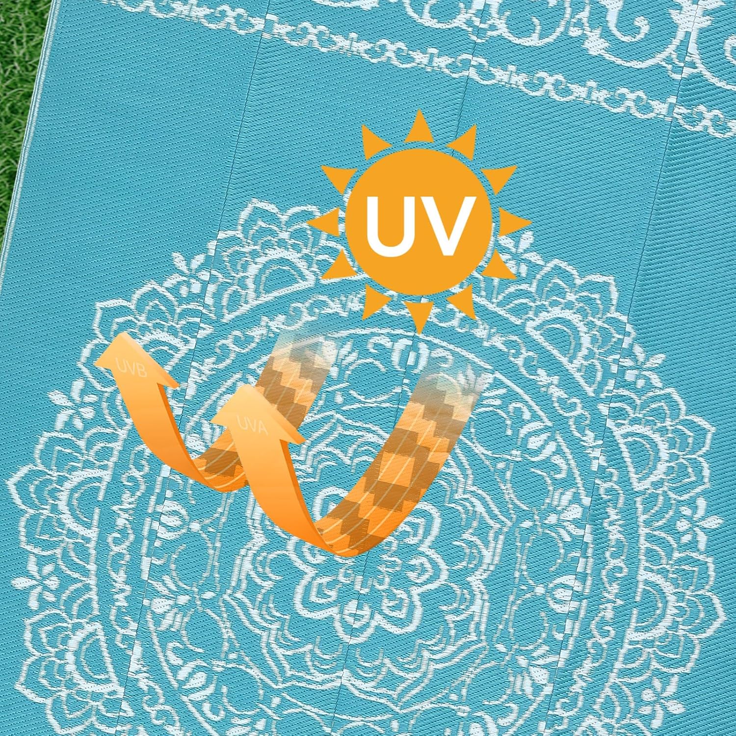 GAOMON Outdoor Patio Rug 8x10 Reversible Camping Mat, Stain-Resistant Plastic Straw Rug, Easy to Clean, Indoor Outdoor Carpet for Porch, Deck, Balcony, Beach, Garden, Teal/White(Medallion)