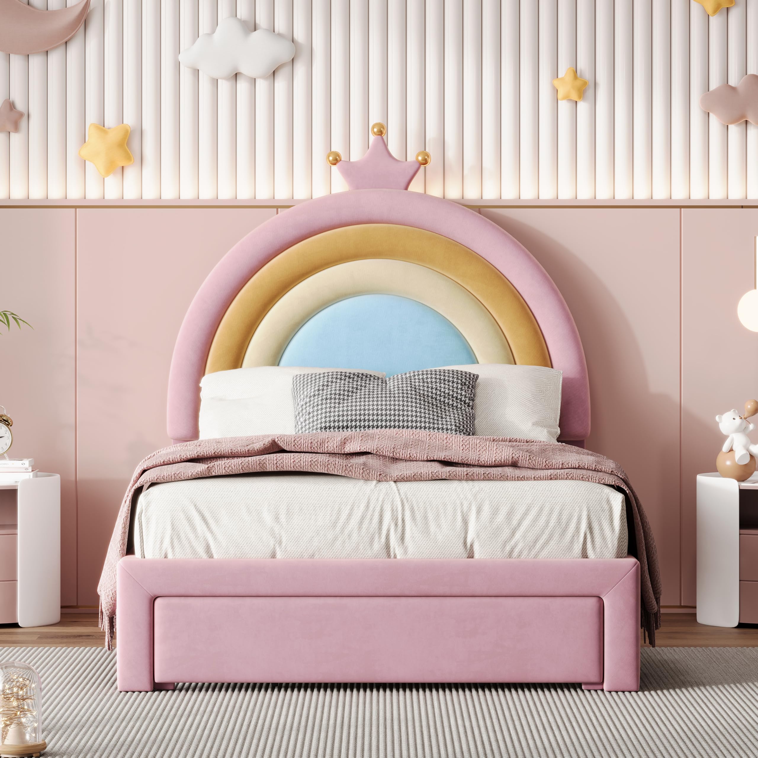 Twin Size Upholstered Kids Bed with Rainbow Design, Pink Velvet Princess Platform Twin Bed Frame with Storage Drawer for Teens Girls Boys Bedroom, No Box-Spring Needed,Colorful&Pink (Twin)
