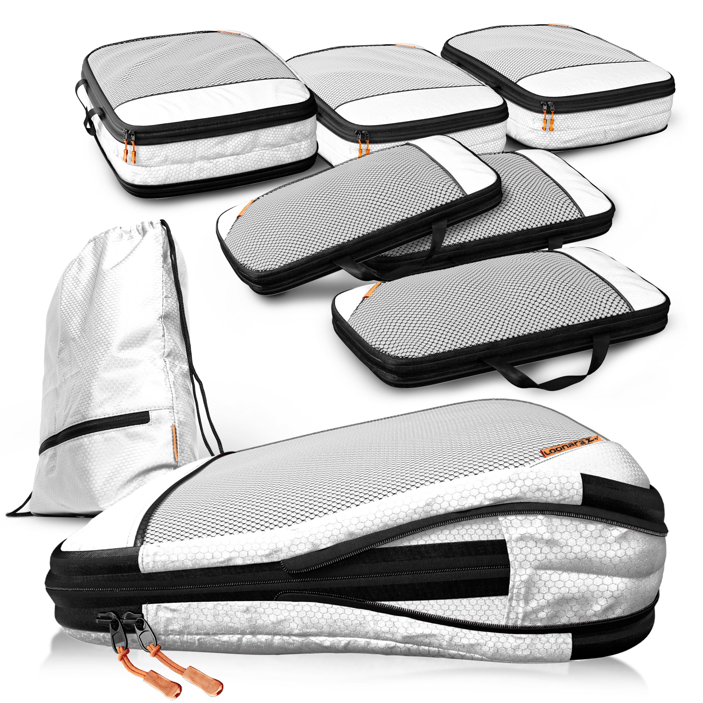 LOONARA Sacchetti compressibili per valigie e zaini [7 pezzi] - Cubi compressibili, organizer da viaggio, borse da viaggio, accessori per campeggio ed escursionismo (Alpine Slate - Grigio)