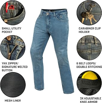 WICKEDSTOCK-Mens Motorcycle Jeans-CE Level 2 Armor-Biker Pants Blue Denim-Aramid Lined-Protective Motorcycle Pants
