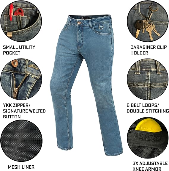 WICKEDSTOCK-Mens Motorcycle Jeans-CE Level 2 Armor-Biker Pants Blue Denim-Aramid Lined-Protective Motorcycle Pants