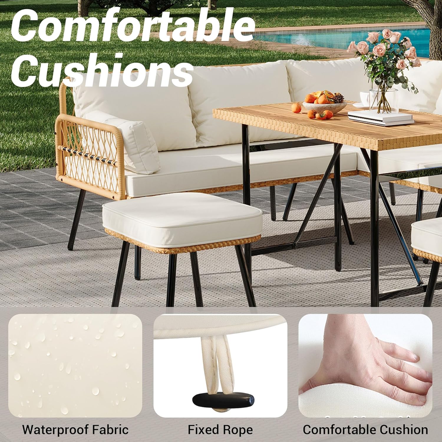 GarveeLife 6 Pieces Patio Furniture Sets Wicker Outdoor Sectional L-Shaped with Cushions & Wood Dining Table and Chairs Set, Boho Rattan 8 Seater Conversation Sets for Balcony, Backyard, Beige