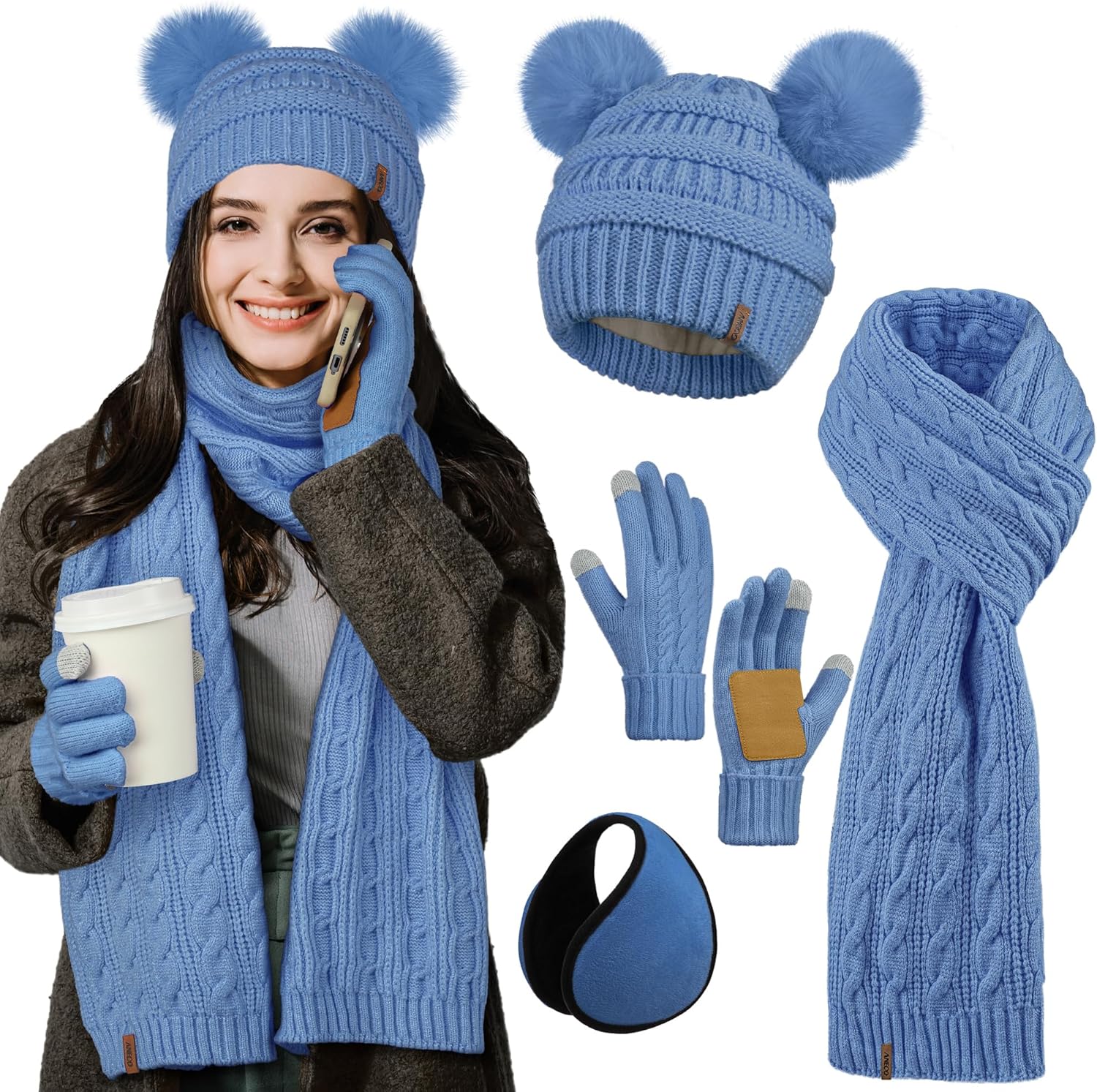Aneco Women Winter Beanie Hat Scarf Gloves Set Warm Fleece Cap with PomPom Knit Anti-Slip Touchscreen Gloves for Cold Weather
