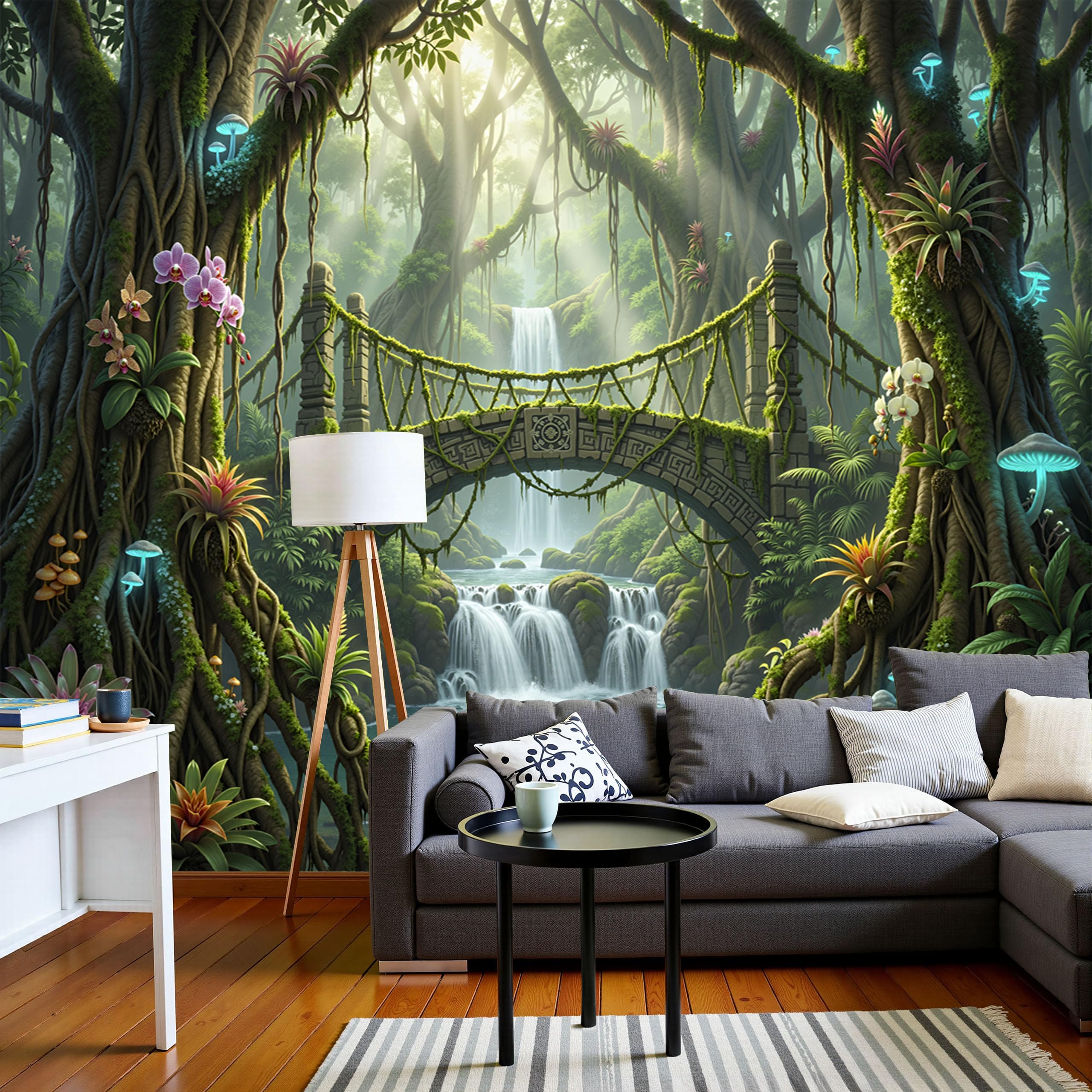 Paesaggio una foresta fantastica carta da parati 450x315cm seta da parete, Viti cascate ponte ad arco in pietra panoramiche poster carta da parati fotografica da parete per appartamentoVerde