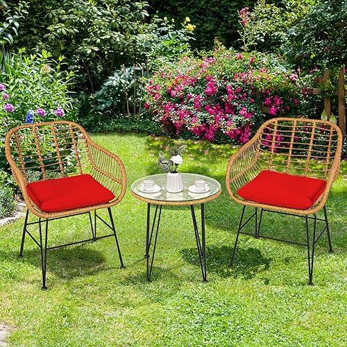 Miniatura 67 de Tangkula 3 Pieces Patio Bistro Set, Rattan Conversation Set with 2 Cushioned Armchairs & Round Glass Coffee Table, Indoor Outdoor Wicker Furniture