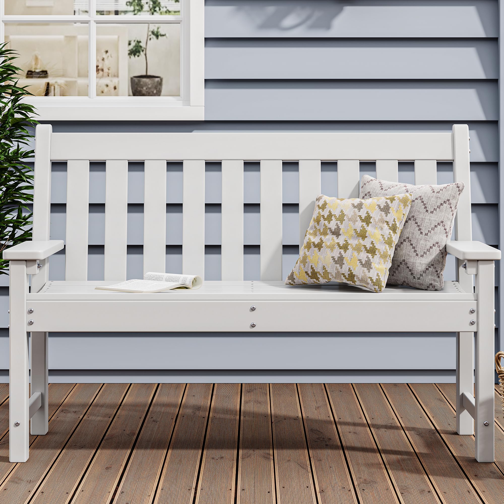 YITAHOME Garden Bench, All Weather Outdoor Bench for 2-3 Persons, Fade/Rot Resistance Patio Benches for Park, Porch, Patio & Backyard (White)