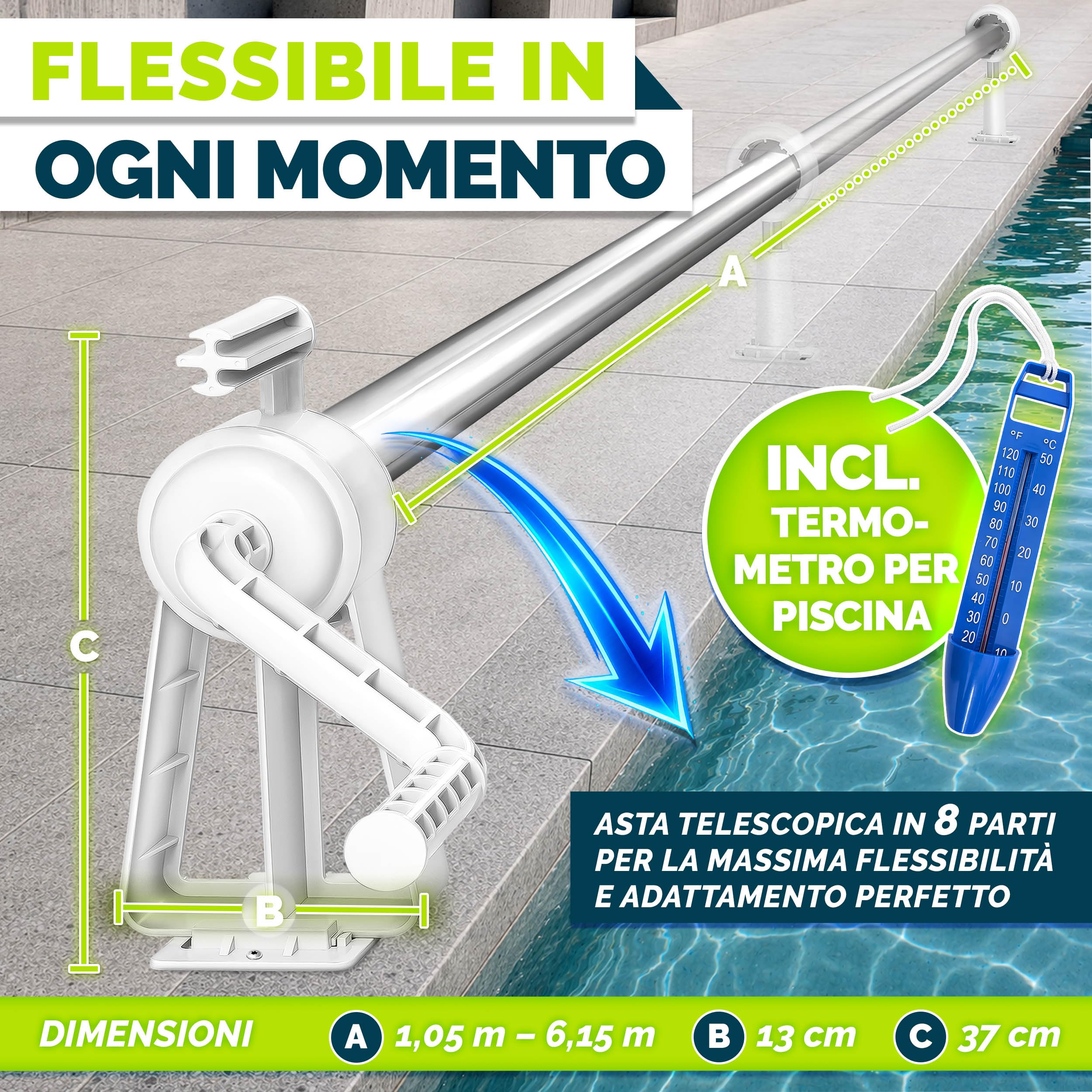 tillvex Rullo Avvolgitore per Telo da Piscina 1,05-6,15 m con termometro | Sistema di avvolgimento per Teli solari | Dispositivo di avvolgimento per Teli per Piscina e coperture incl. Nastri