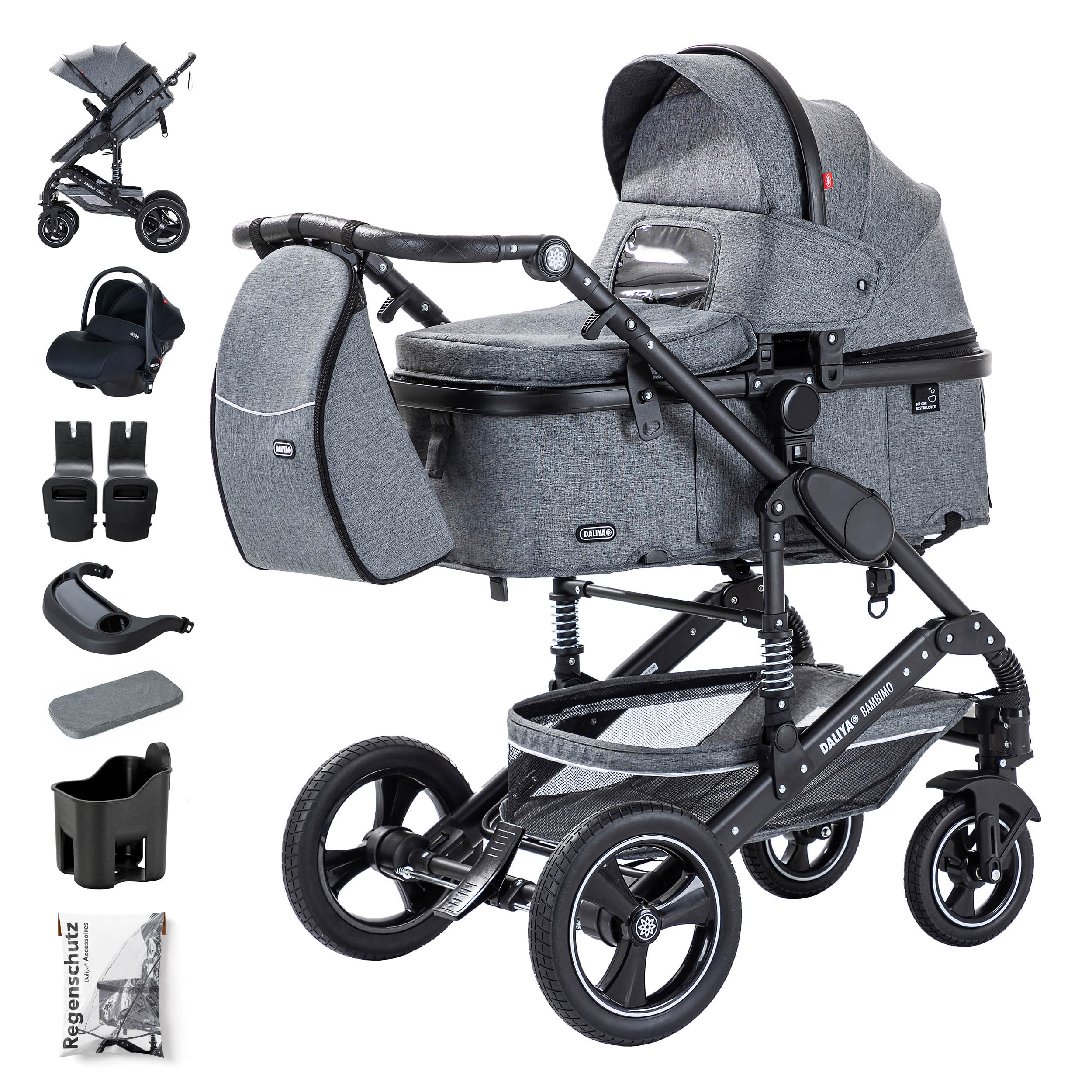 Daliya BAMBIMO 3in1 Kinderwagen & Buggy Set mit i-Size Babyschale ECE R129 Kombikinderwagen ab Geburt bis 22 kg pannensichere Räder Federung höhenverstellbar Dunkelgrau Rahmen Schwarz