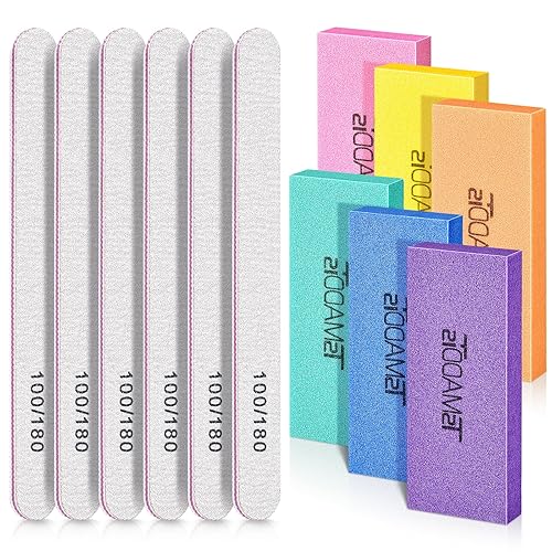 TsMADDTs Juego de limas de uñas y pulidores con 6 pulidores de uñas rectangulares y 6 limas de uñas blancas de grano 100180, kit de herramientas