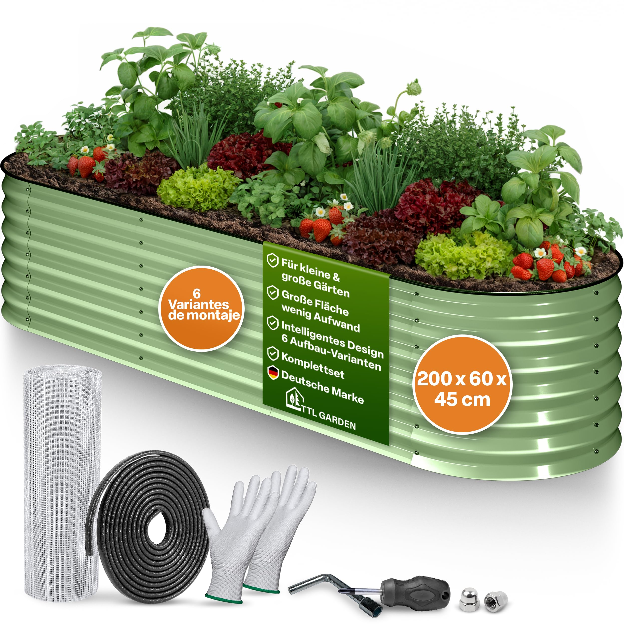 TTL GARDEN 200 x 60 x 45 cm Metal Hochbeet Fusion 6 en 1 Salvia Verde – Acero inoxidable galvanizado y lacado, 45 cm de alto 60 cm de ancho, forma ovalada, estable, jardín, bancal para verduras