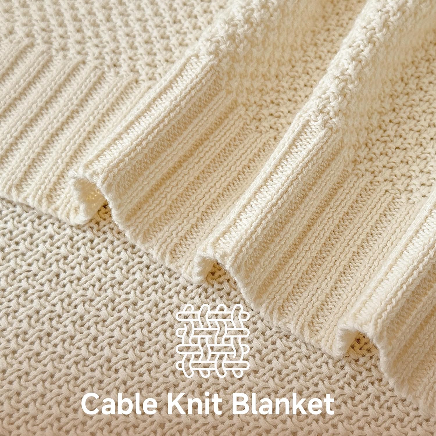 Simple&Opulence 100% Cotton Blanket Queen Size, Solid Color Cable Knitted Blanket Super Soft Comfortable Breathable Decorative Farmhouse for Couch Sofa Bed, All Season Use(White,90x90)