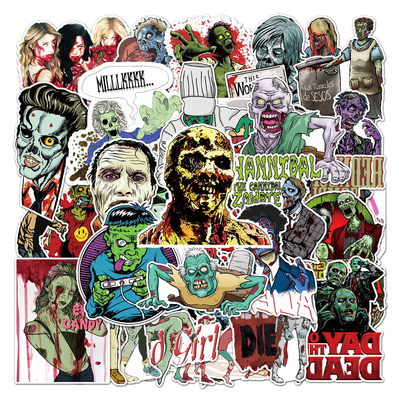 50 Pcs Cute Stickers,Zombie Halloween,Vinyl Waterproof Stickers for Water Bottles Laptop Skateboard Journaling Scrapbook, Sticker Decals for Adults Teens Girls Kids and Women (Zombie)