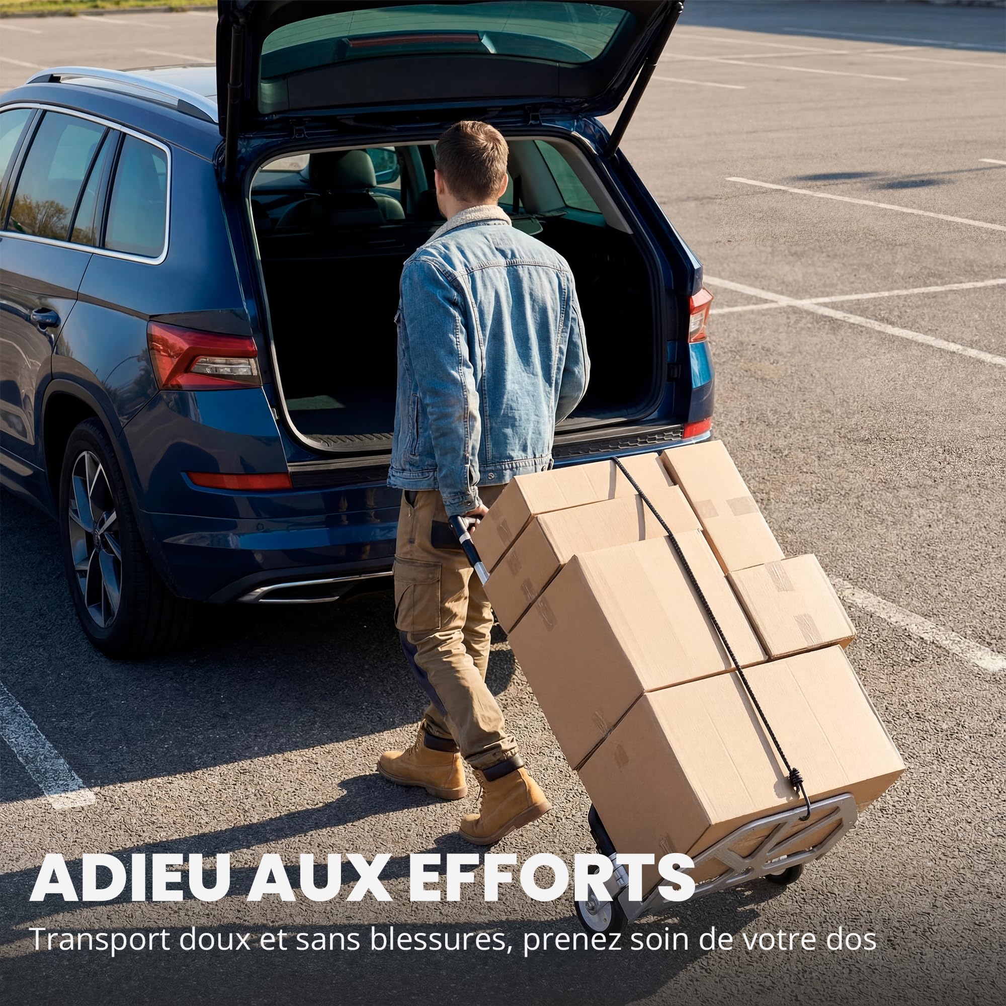 JUPPLIES Diable Pliable en Aluminium + Corde - Chariot de Transport 100x40 cm Max 75 kg avec Roues Silencieuses et Poignée Télescopique - Mini Diable Compact pour la Maison, Le Bureau ou Les Voyages