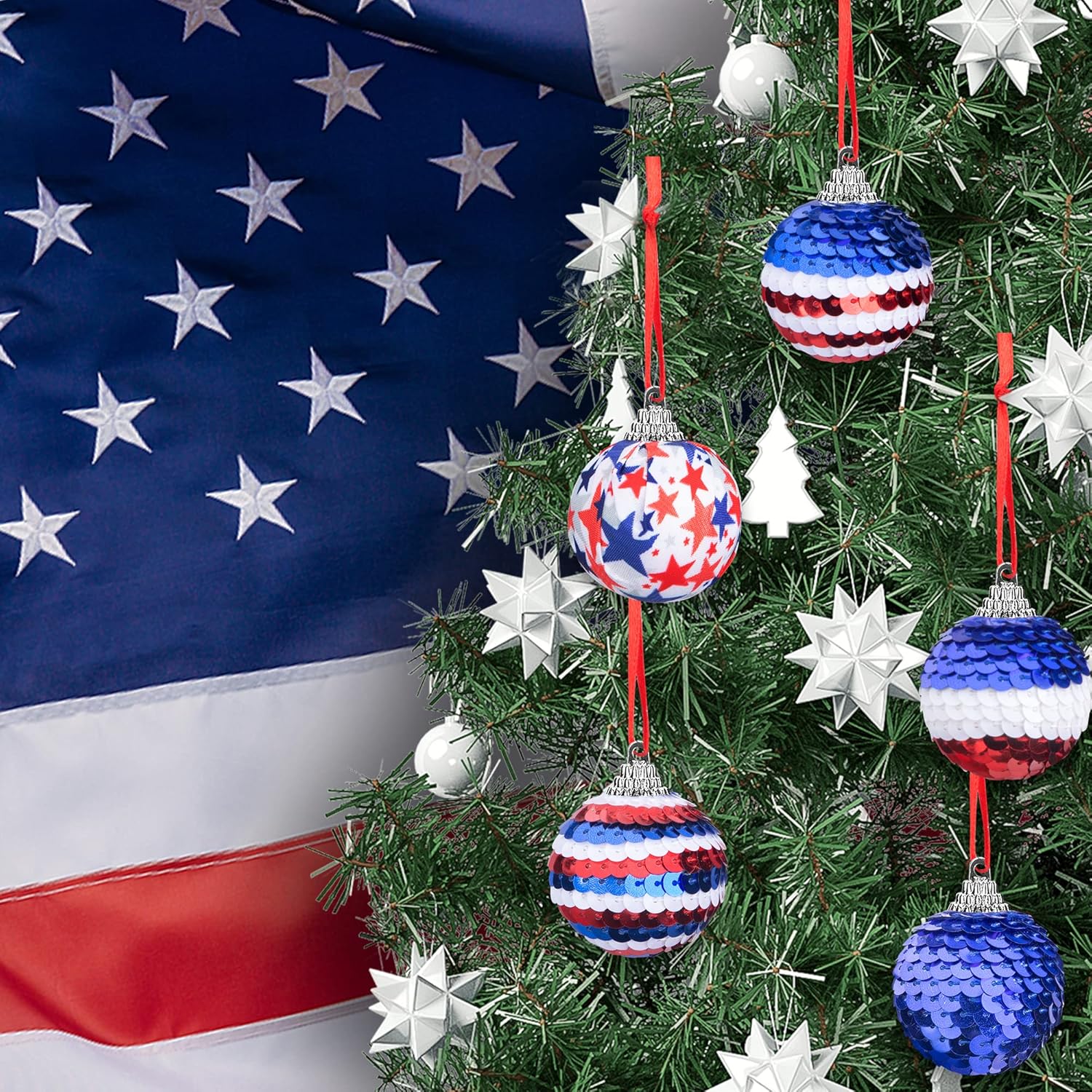 Deloky 24 Pcs Independence Day Sequin Balls Ornaments- 1.57 Inch 4th of July Patriotic Ornaments Hanging Balls- Red White Blue Tree Balls Ornaments for Memorial Day Veteran Day Tree Decorations - Image 5
