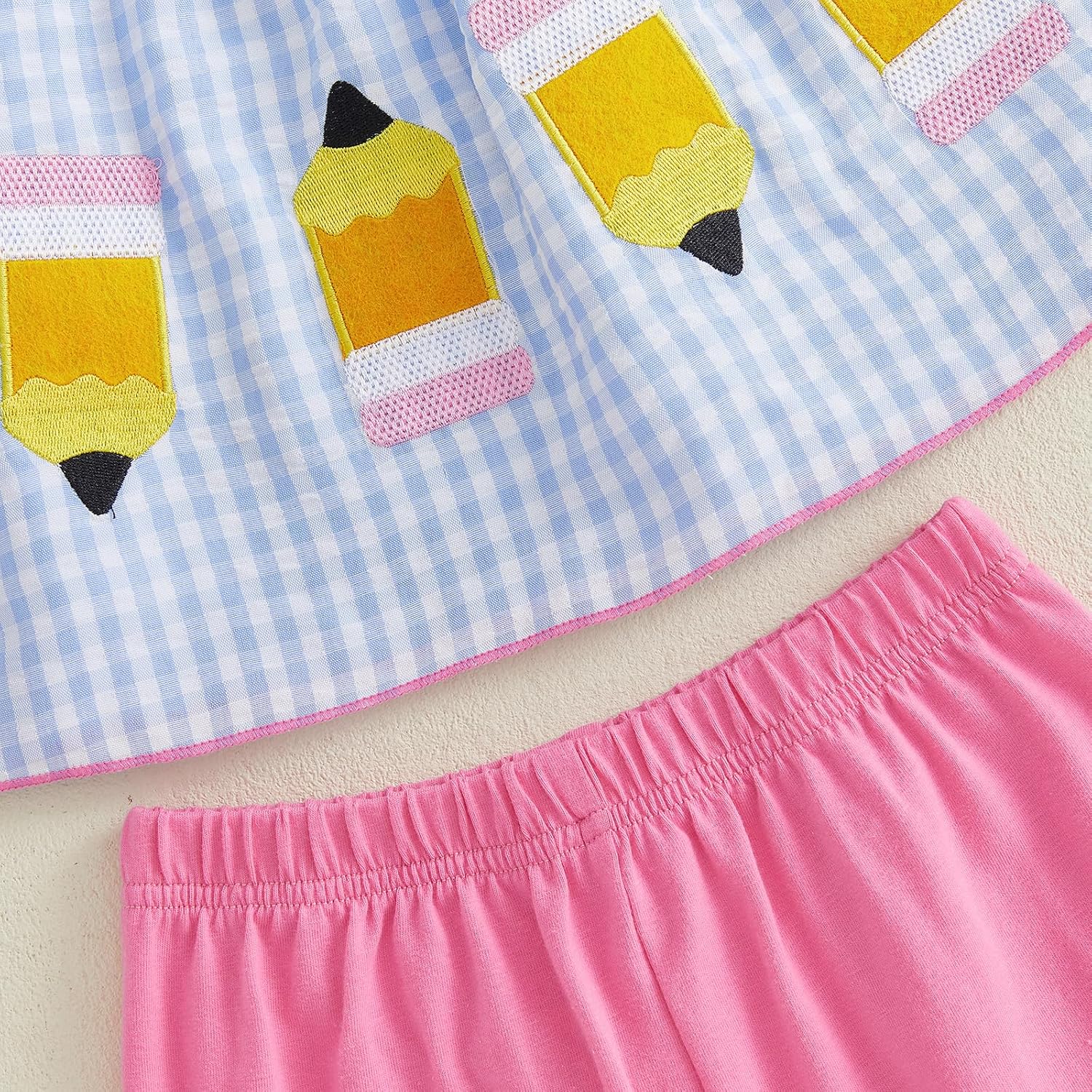 Kids Toddler Little Girls Back to School Outfit First Day of School Pencil Embroidery Ruffle Top and Shorts Set