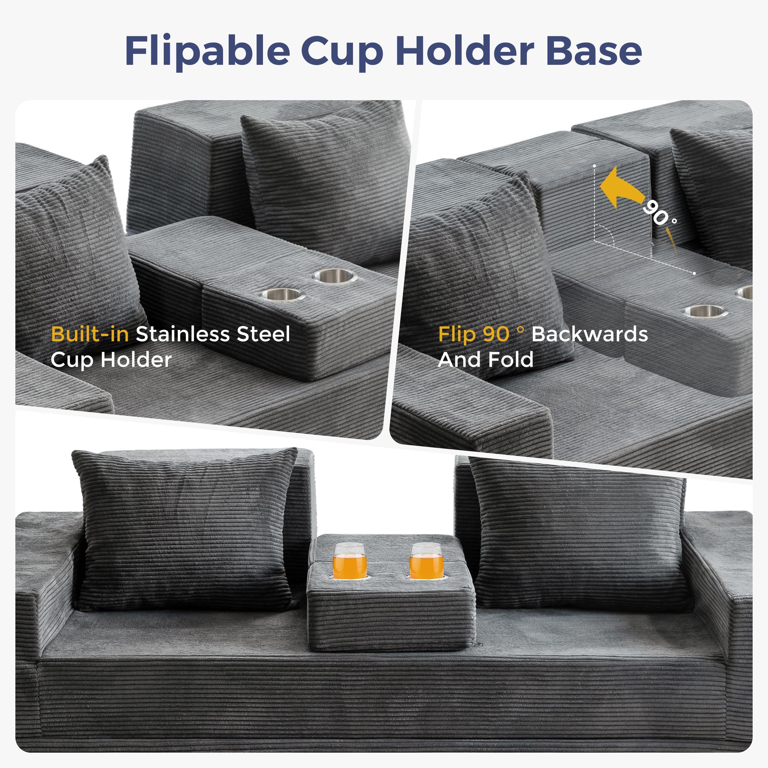 MAXYOYO Klappbares Schlafsofa, Cord-Bodensofa mit Getränkehalter | Ausziehbares Schlafsofa mit Getränkehalter und Kissen, bequemes Kompressionssofa für Wohnzimmer, Schlafzimmer, Gästezimmer