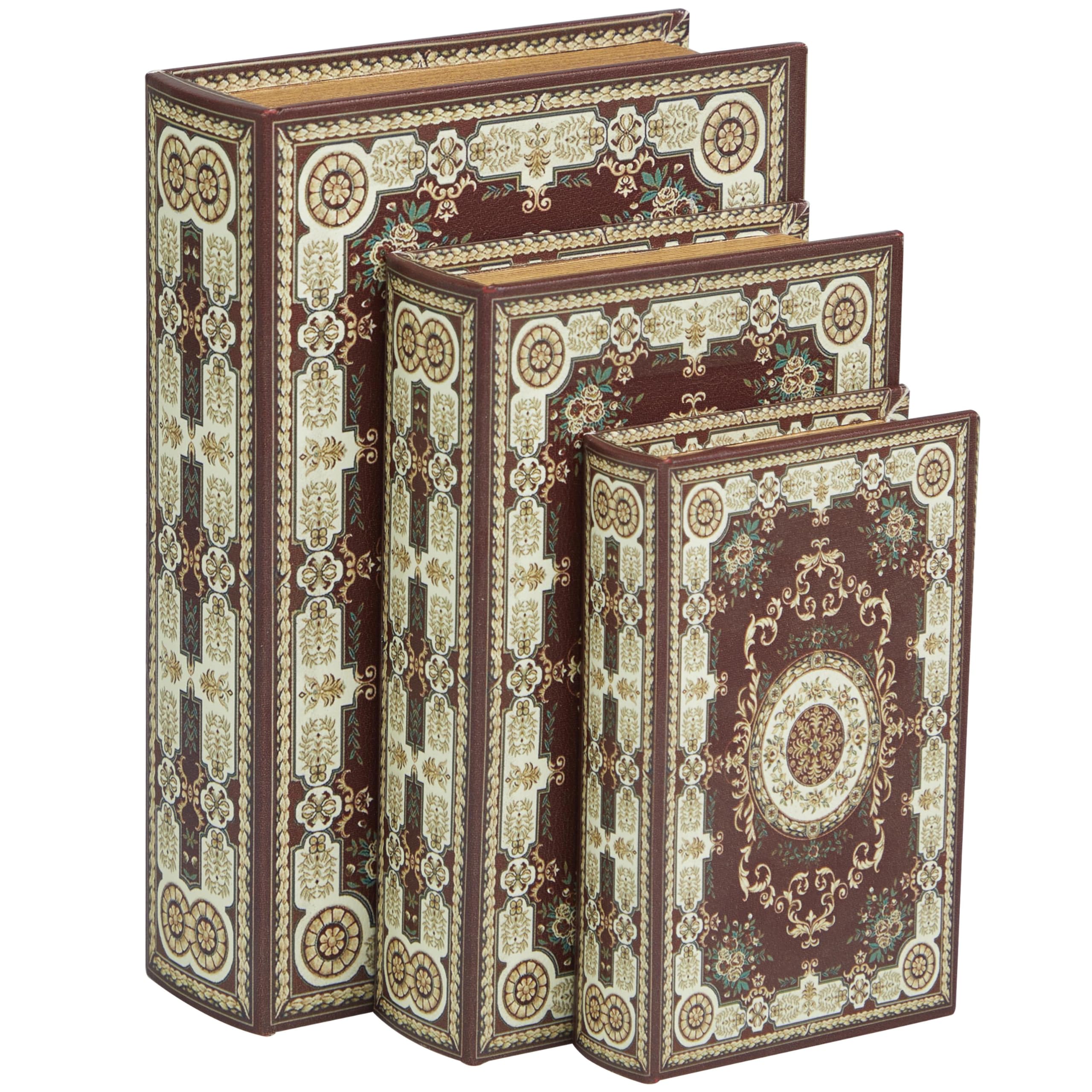 Deco 79 Canvas Decorative Box Storage Book Book Shaped Boxes with Arabesque Pattern and Gold Page Inspired Detail, Set of 3 Decorative Keepsake Boxes 12, 10, 8" H, Red