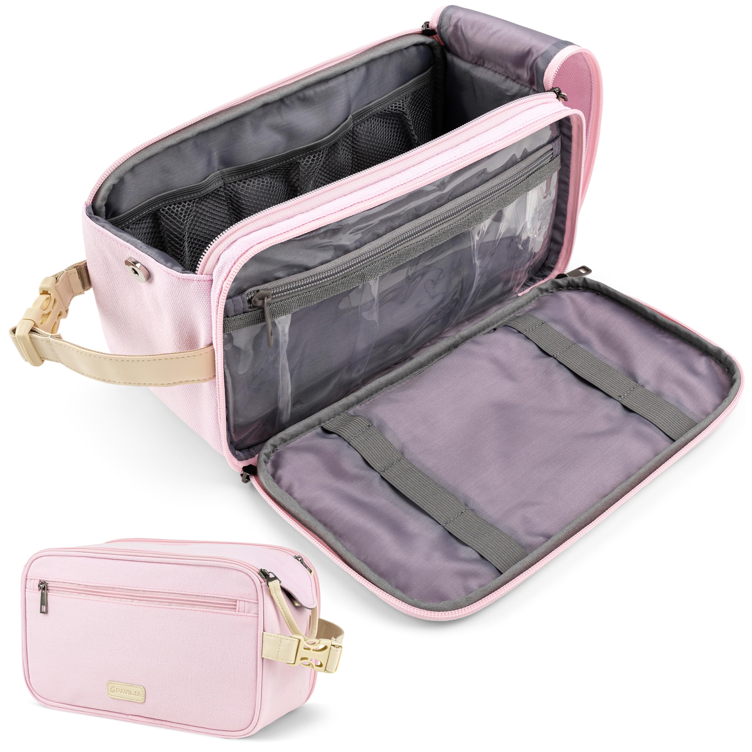 PAVILIA Toiletry Bag for Women, Canvas Travel Dopp Kit, Water Resistant Hygiene Bag Toiletries Organizer, Shaving Kit Travel Accessories Bag, Pink,