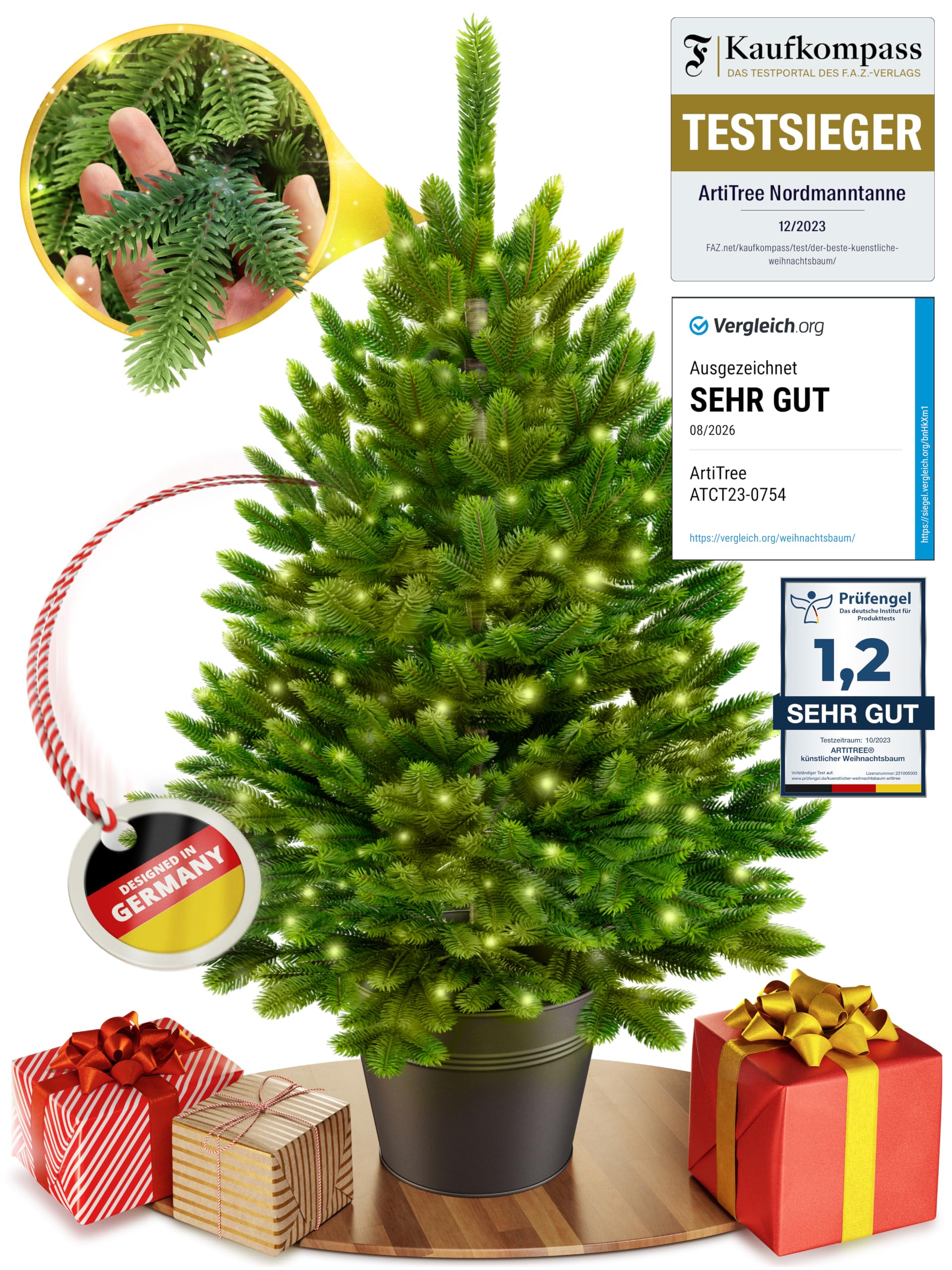 ArtiTree Künstlicher Weihnachtsbaum im Topf mit LED 80 cm – Nordfichte