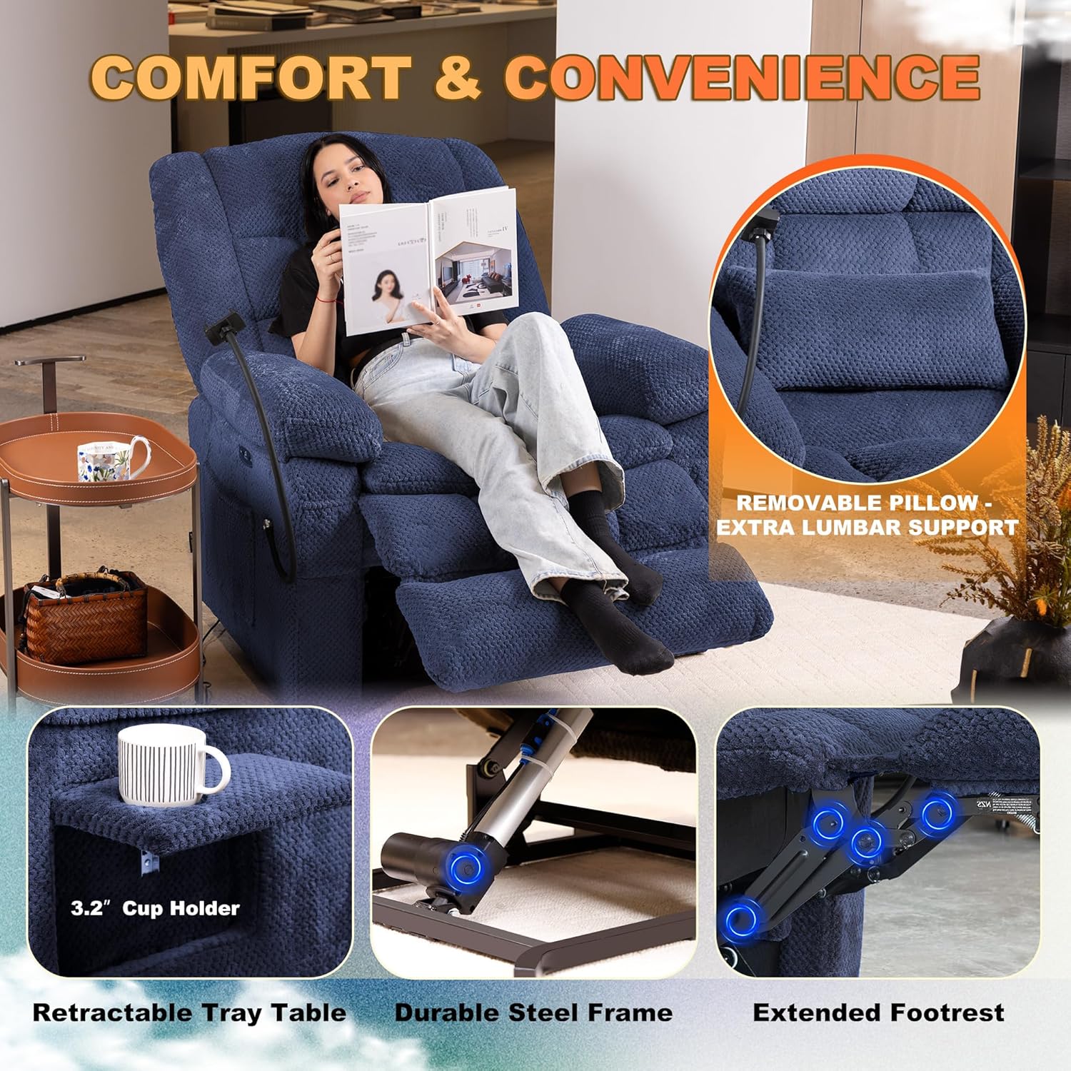 Dual Motor Recliner Chair with Heat & Massage, Power Lift Recliner Chair for Elderly, Infinite Position, Cup Holder, Phone Holder, Detachable Armrest, USB & Type-C Ports, Pillow (Navy Blue, Large)