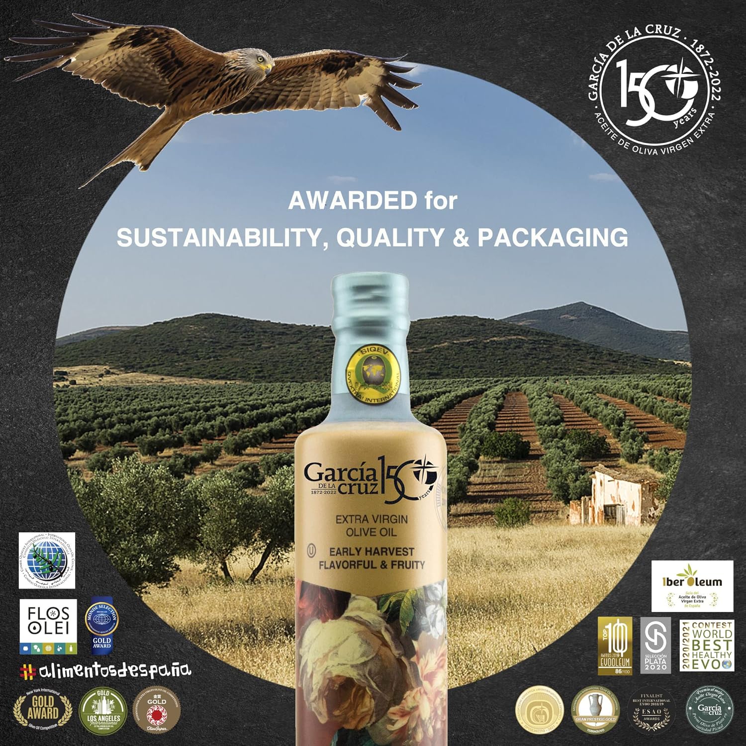 Garcia de la Cruz Early Harvest Organic Extra Virgin Olive Oil - Award-Winning from Toledo Spain - Glass 16.9 fl. oz. (500 ml)