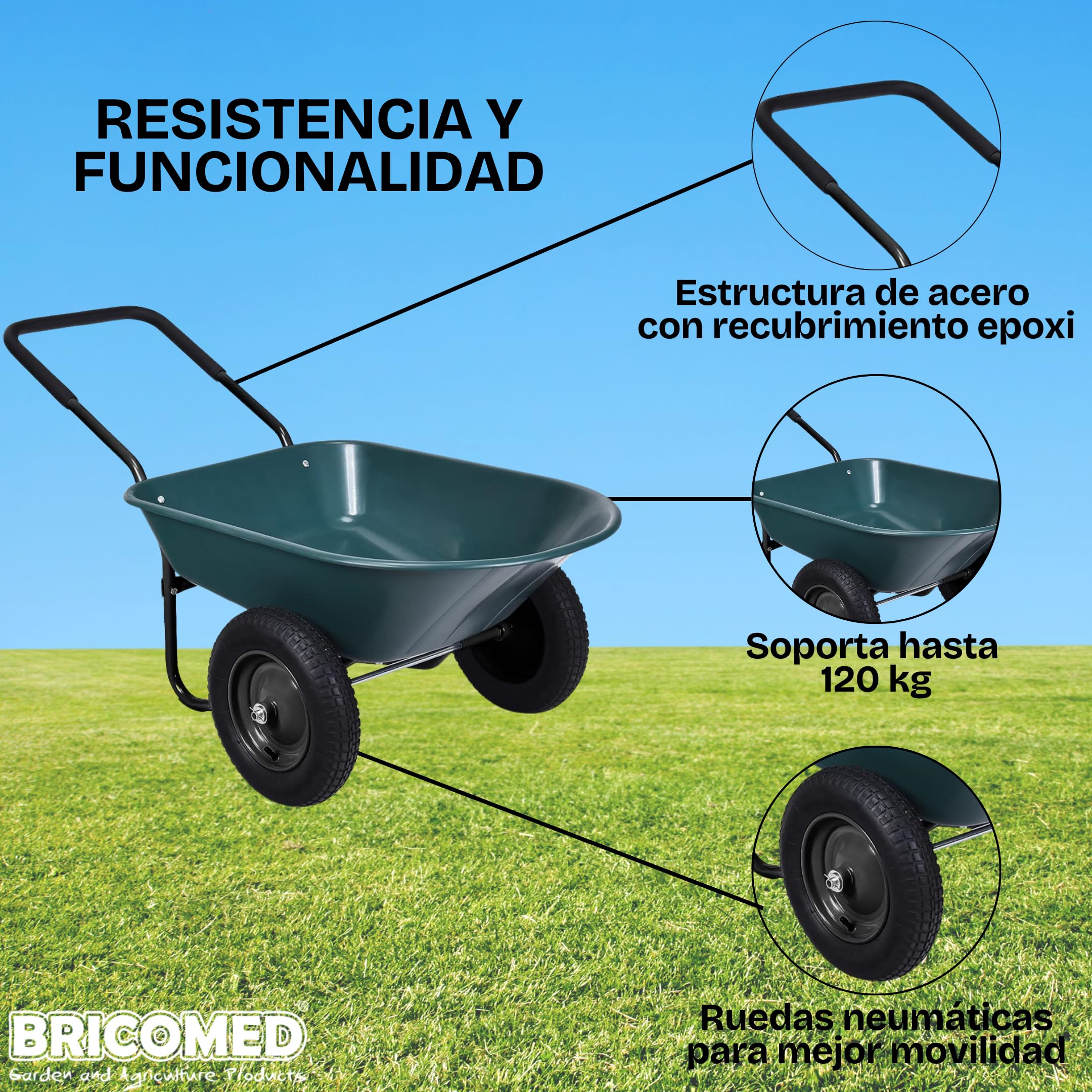 Carretilla Jardin | 124x66x70,5 cm | Carretillas de Acero Robusto Recubierto De Polvo Epoxi, Capacidad De 100L Y 120 kg, Neumáticos | Carretilla De Carga Jardin | Carretilla de Jardin