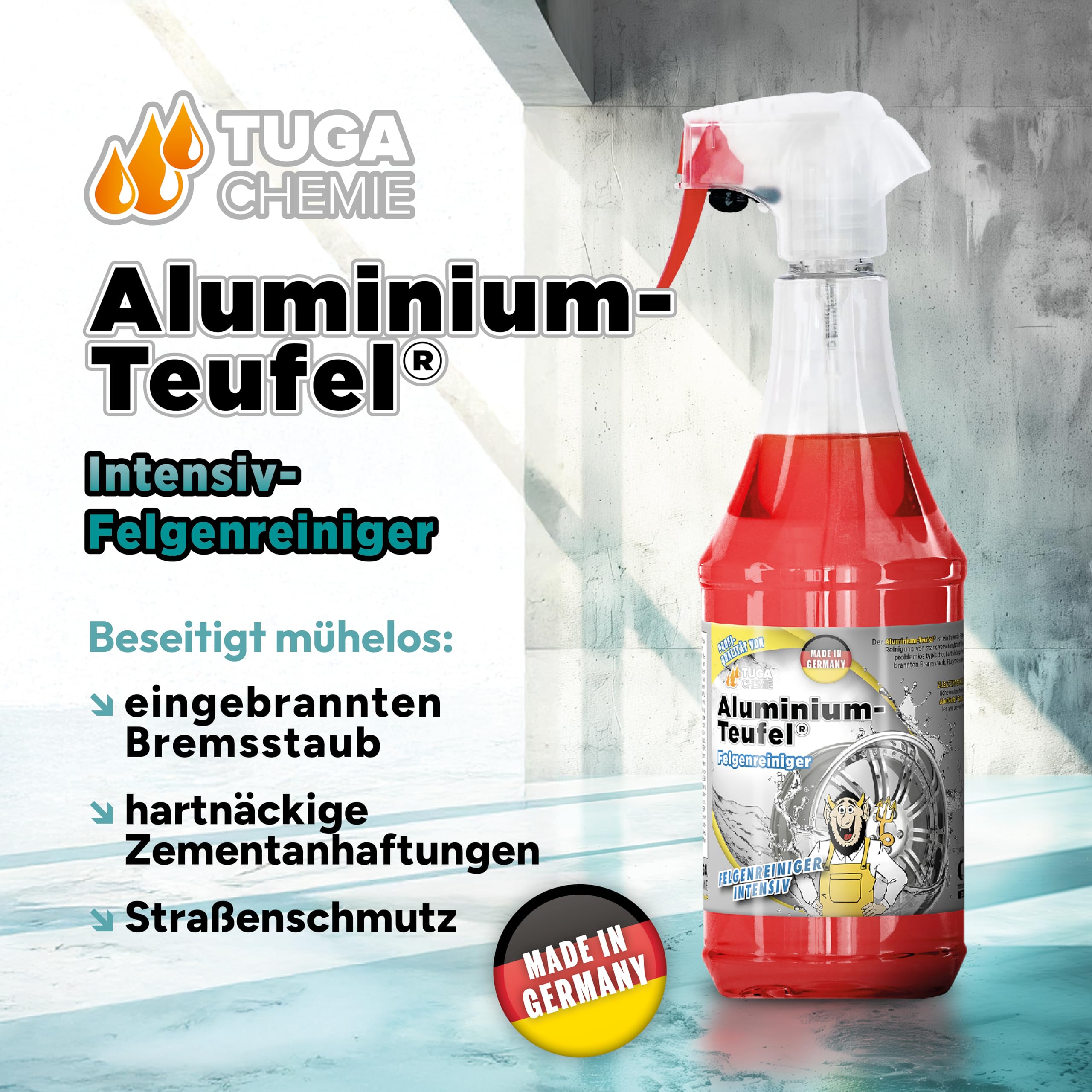 TUGA Chemie Aluminium-Teufel Felgenreiniger– säurehaltig, extra stark gegen Bremsstaub & Flugrost, für Alu- und Stahlfelgen, Felgenreiniger - 5 L Kanister - Made in Germany