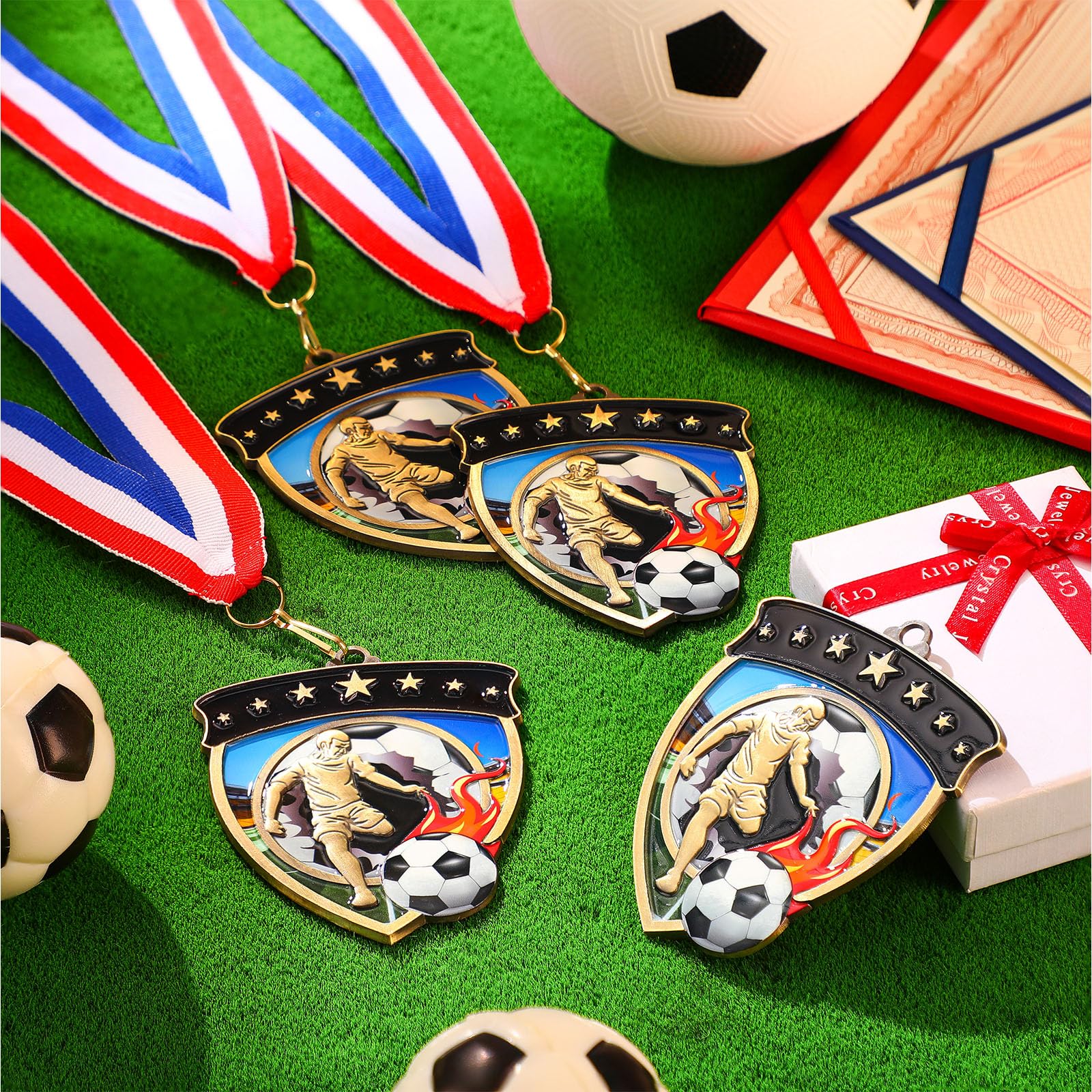 Remuuly 10 medallas de premio de fútbol para adultos, medallas de metal con forma de escudo de 3.35 pulgadas con cintas de cuello a rayas rojas, blancas y azules, para regalo de trofeo de