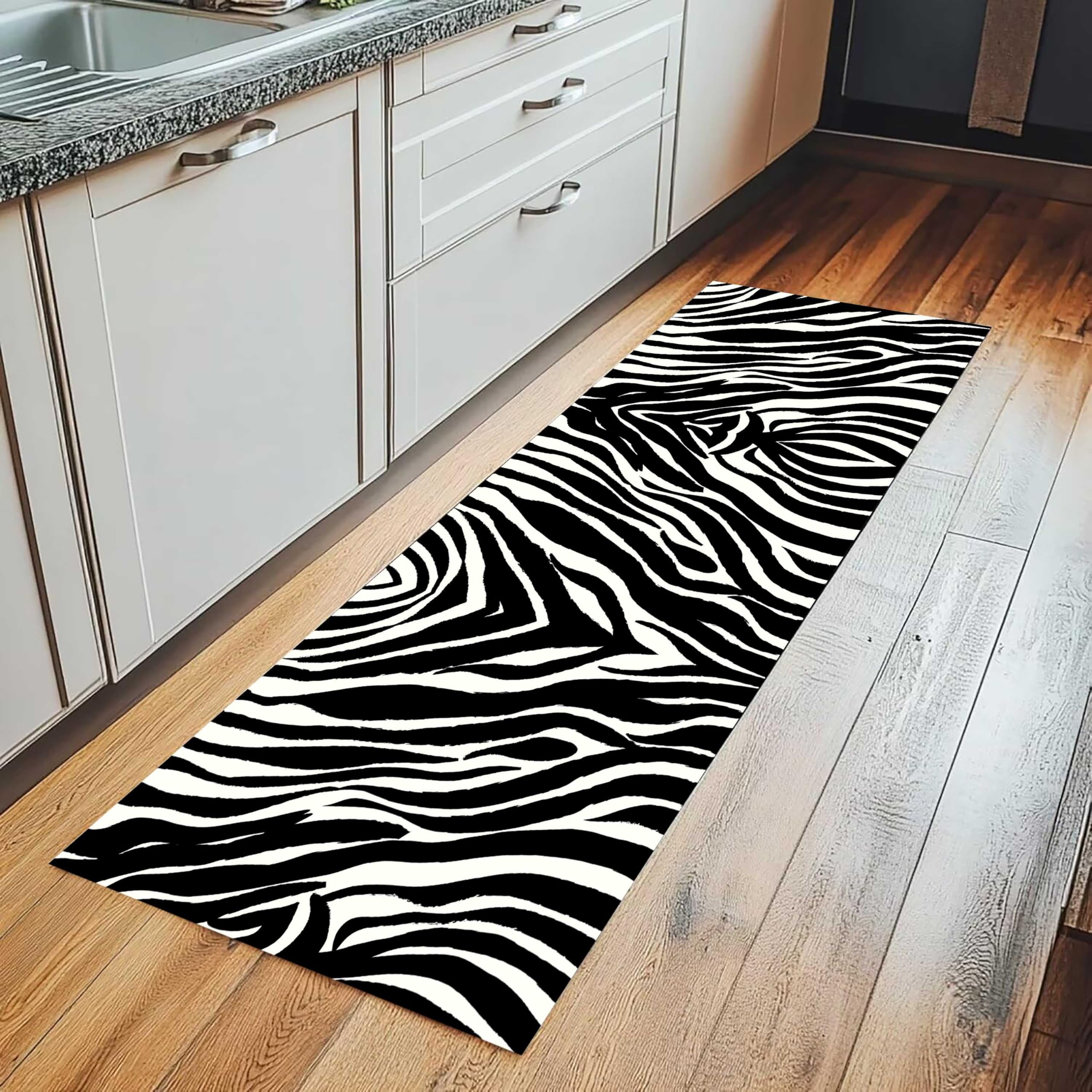Zebra Läufer Teppich, 60x150cm Schwarz-Weiß Gestreift, Akzent Teppich für Eingangsbereich, Rutschfeste Fußmatte für Innenbereich, Tier Print, Waschbarer Teppiche für Küche, Wohnzimmer, Schlafzimmer