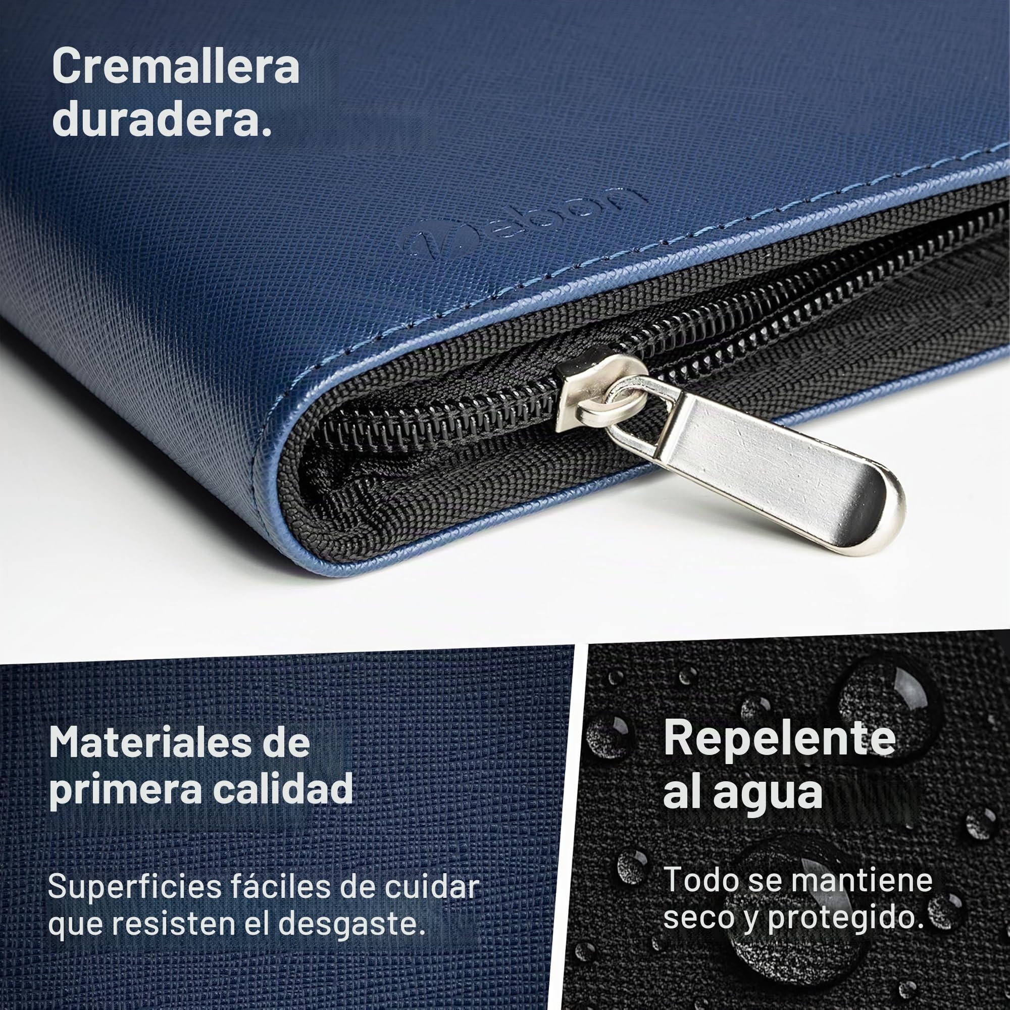 Vebon® Carpeta A4 grande New York I Piel Vegana con cremallera + portapapeles I Carpeta Conferencia + Bolsa para portátil I Espacio extra I Azul