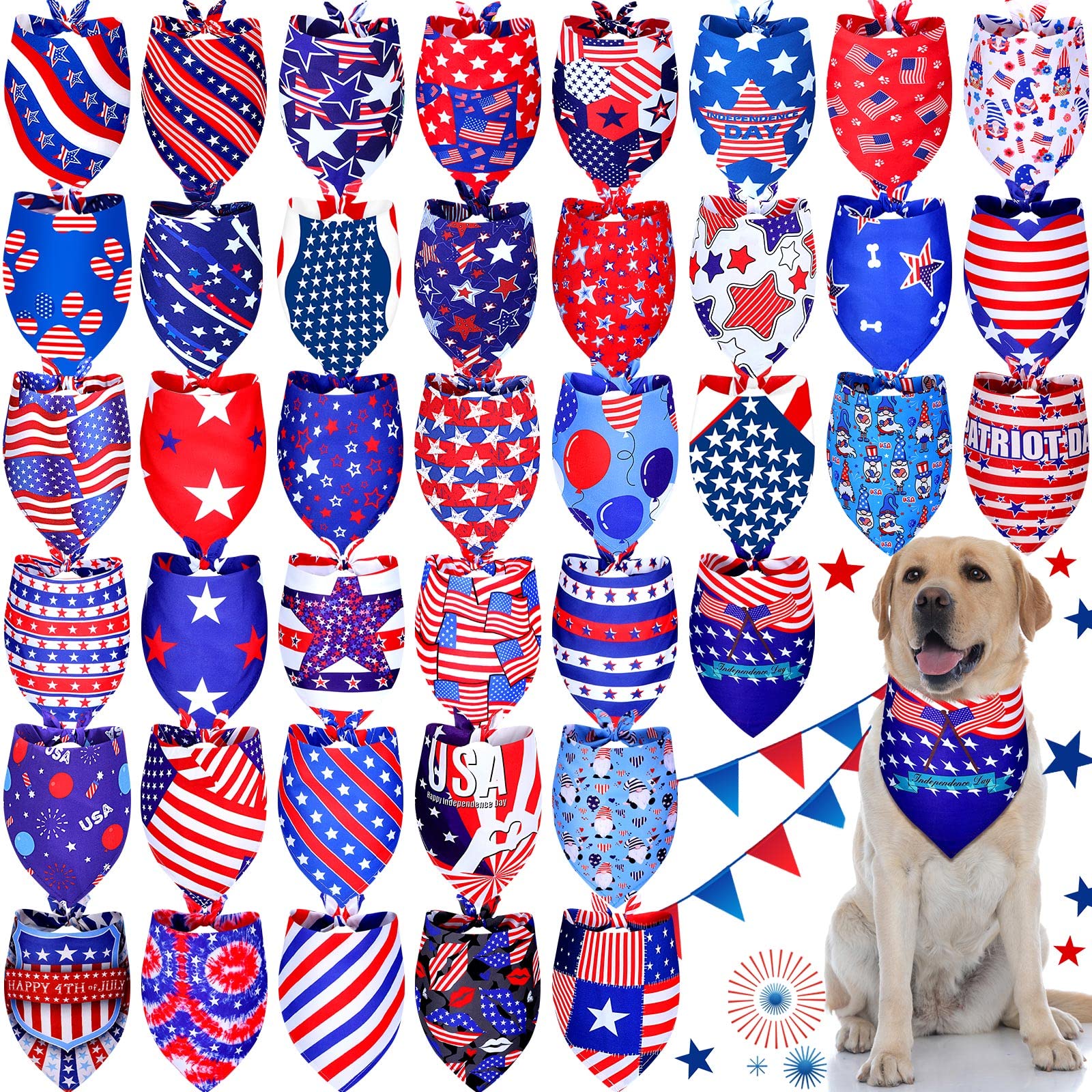 Sadnyy 40 Pcs Veteran Day Dog Bandana Bulk Memorial Patriotic American Flag Star Stripe Adjustable Bandana for Dogs 4th of July Puppy Kerchief