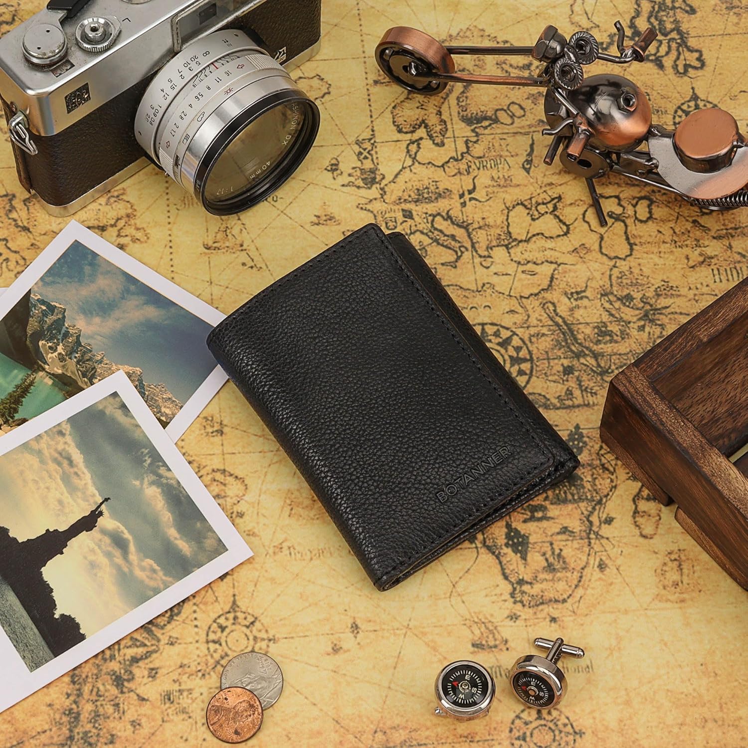 Genuine Leather Mens Trifold Wallet RFID Blocking 8 Credit Card Slots Section for Bills 3 Hidden Pockets | Black - Image 5