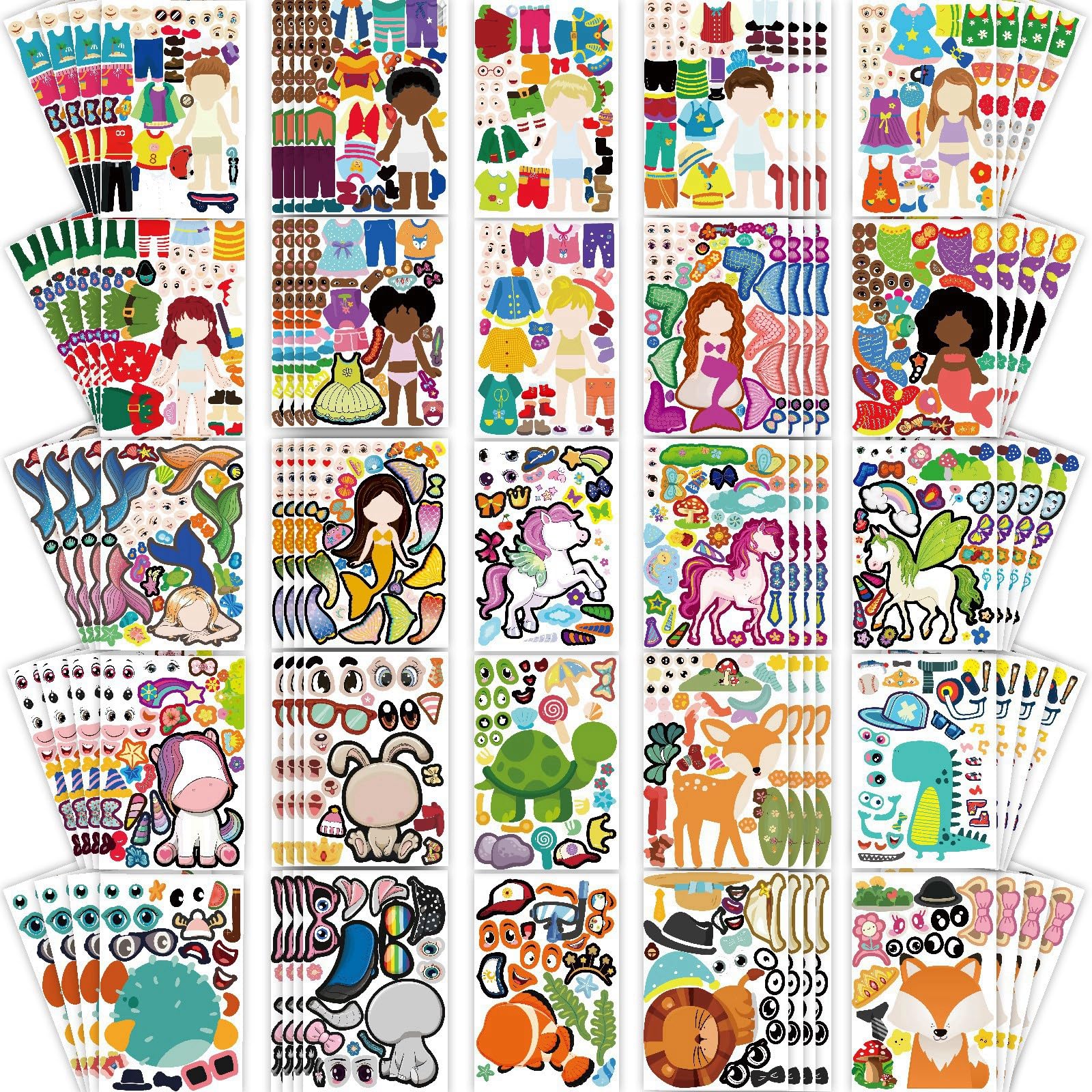 100 Sheets Make Your Own Stickers for Kids with 25 Designs, Make-a-Face Stickers Animal Mermaid Girl and Boy Face Sticker Sheets, DIY Party Favor for