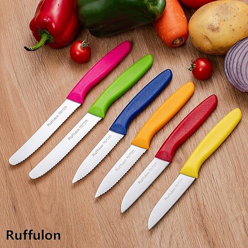 Miniatura 6 de Juego de seis cuchillos para verduras y frutas, de acero inoxidable de alto carbono con mango ergonómico de plástico PP, afilado y súper afilado.