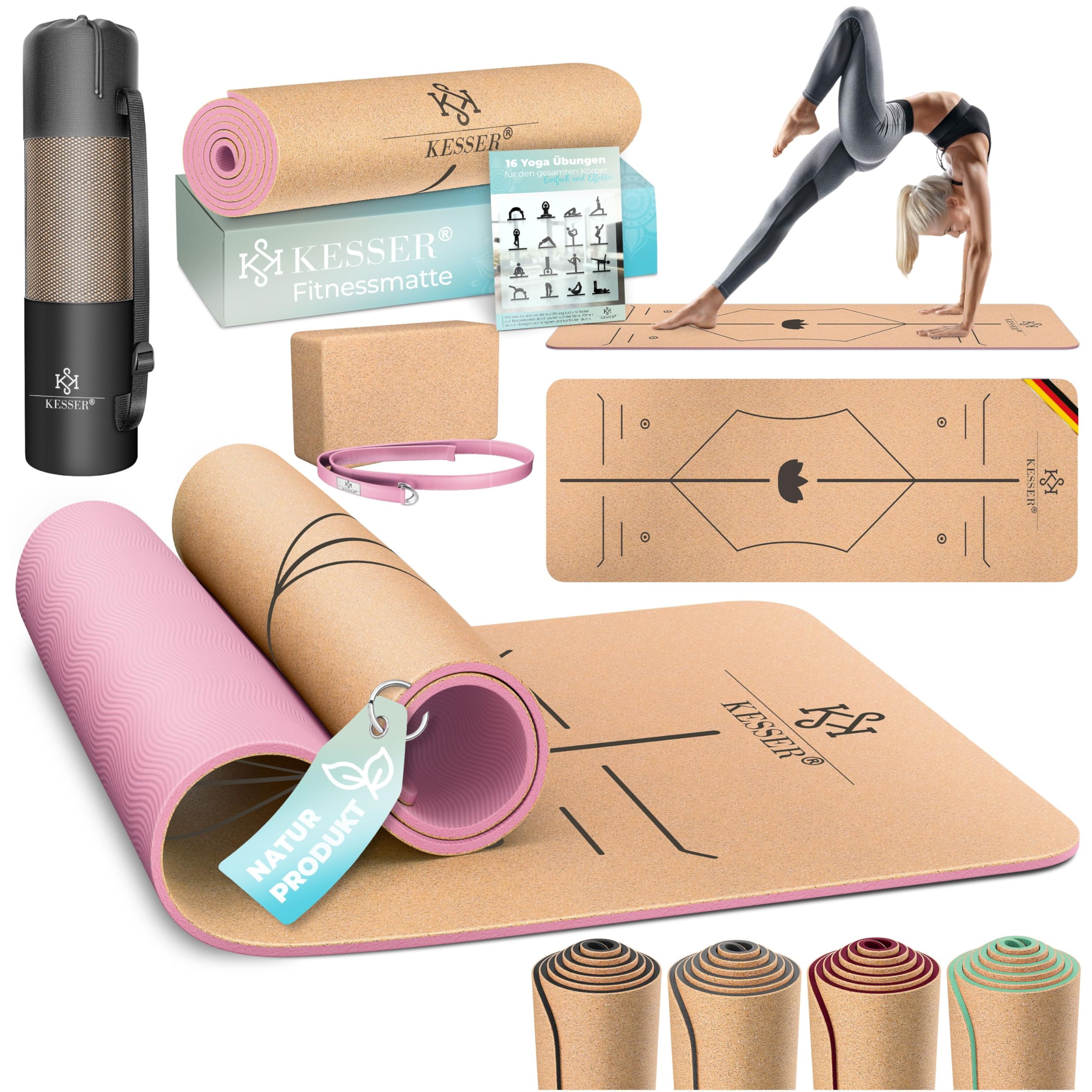 KESSER® Yogamatte Kork Inkl. Tragegurt Tasche & Block Gymnastikmatte - Matte rutschfest aus Naturkautschuk TPE Fitnessmatte, 183 x 62 Trainingsmatte für Fitness Sportmatte, Gymnastik extradick