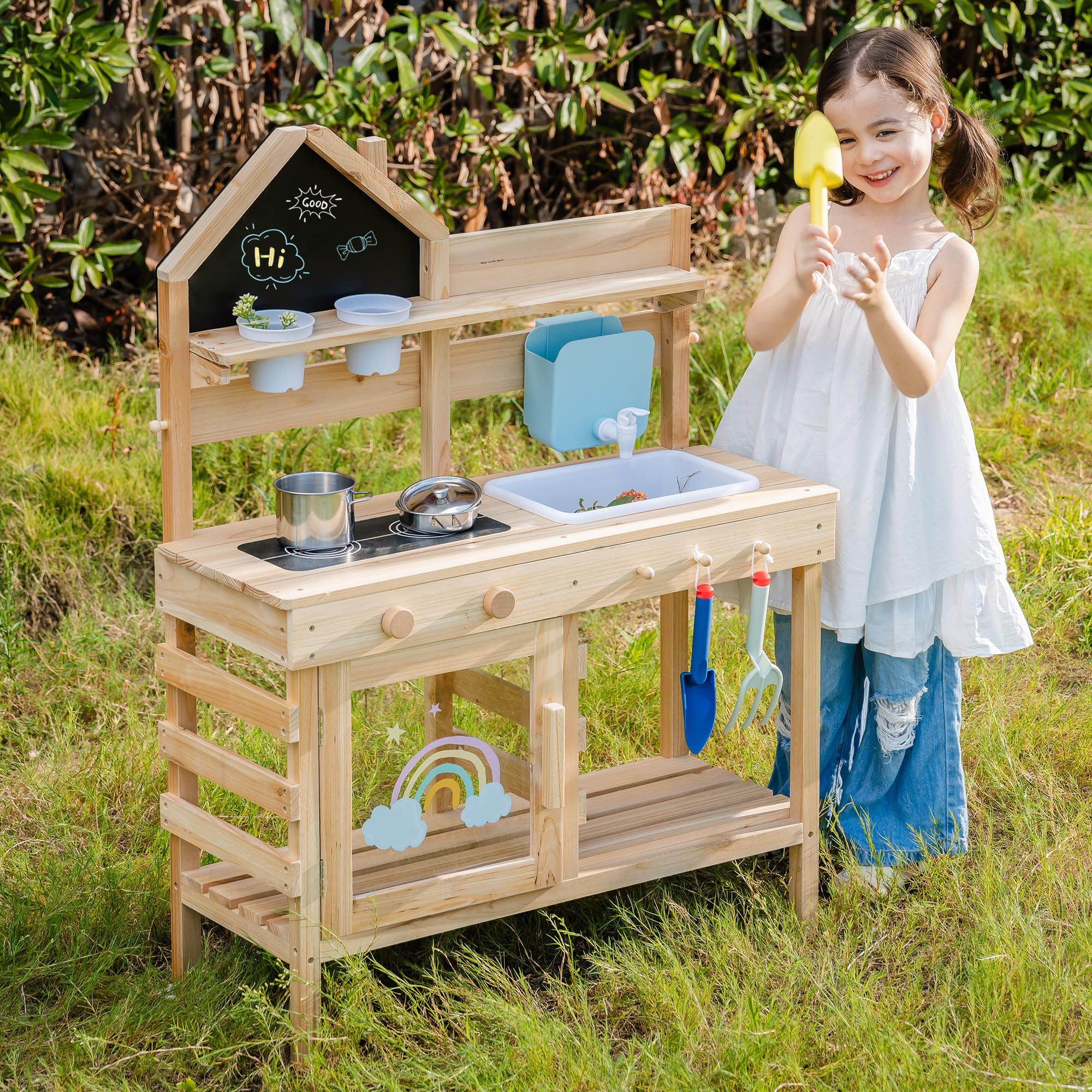 ROBOTIME Kinder Matschküche aus Holz mit Spüle, Tafel, Herd, Wasserhahn, Kochgeschirr & Stauraum – Outdoor Spielküche für Jungen & Mädchen ab 3 Jahren