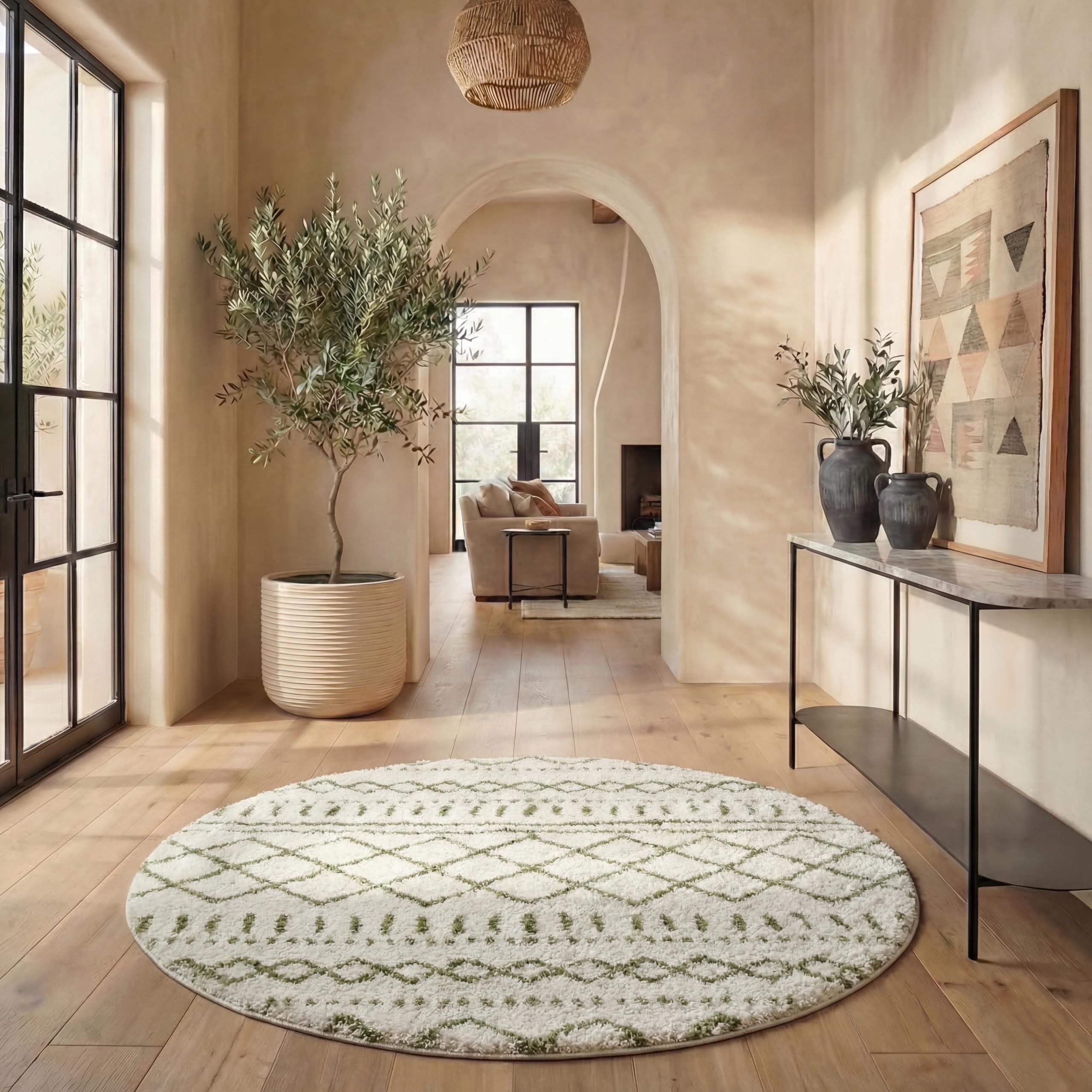 SAFAVIEH Arizona Shag Collection Area Rug - 6'7" Round, Ivory &amp; Green, Moroccan Boho Design, Non-Shedding &amp; Easy to Clean, Ideal for Living Room, Bedroom, Dining Space (ASG741Y)