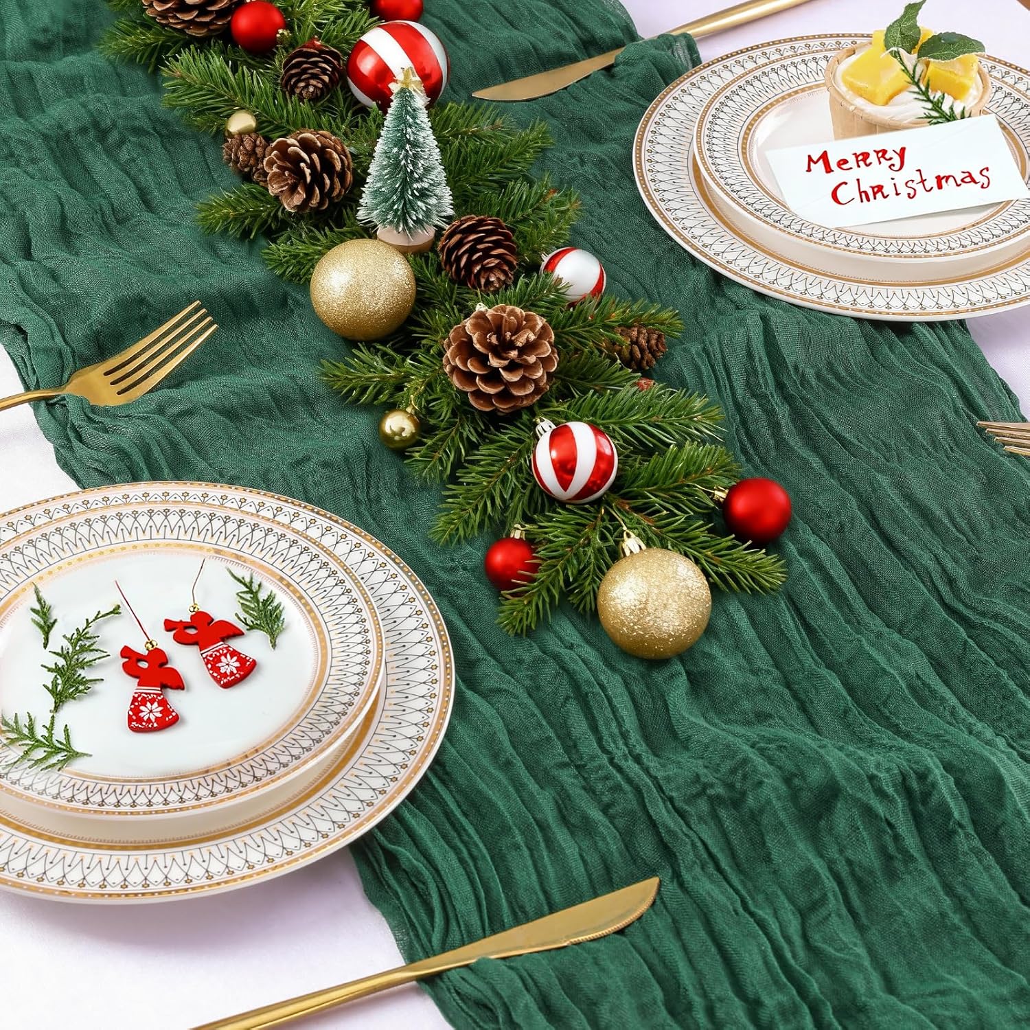 LuoluoHouse 5pcs Cheesecloth Table Runners Dark Green Boho Gauze Table Fabric for Summer Party Party Banquet Holiday Bulk Table Decorations