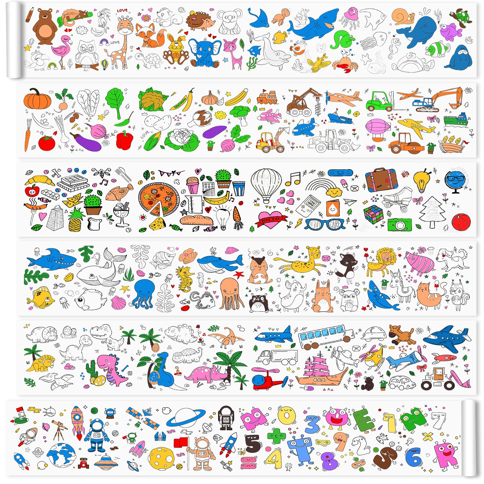 Nicime 472 * 11.8inch 12 Styles Coloring Roll, Animal Transportation Food Space DIY Drawing Roll, Painting Paper for Classroom Home Wall Supplies Favor (Not Toy)