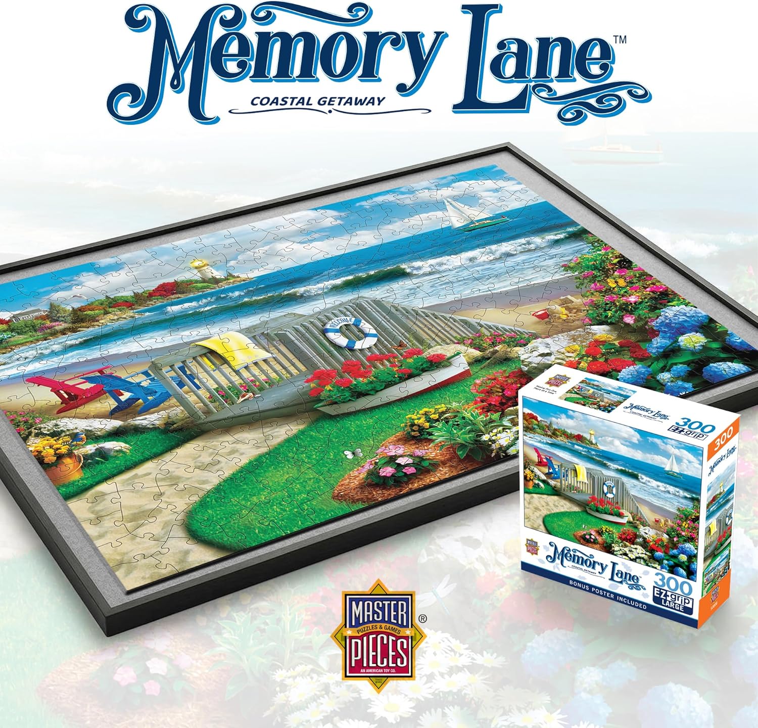 MasterPieces 300 Piece EZ Grip Jigsaw Puzzle – Coastal Getaway Beach Scene – Large Piece Puzzles for Seniors, Adults, and Family – Eco-Friendly, Non-Glare Finish, Relaxing 18" x 24" Puzzle