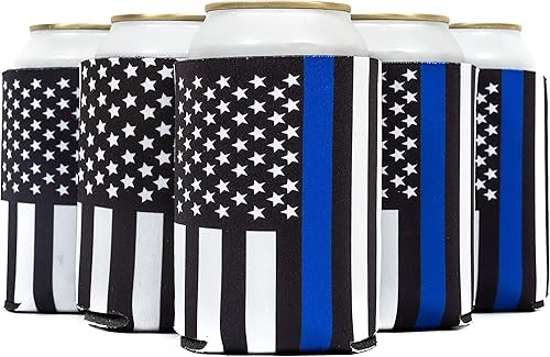 Miniatura 2 de Fundas enfriadoras de latas, soporte para bebidas de cerveza, bandera negra con línea azul de espuma de soda de 12 onzas, cubiertas aisladas de