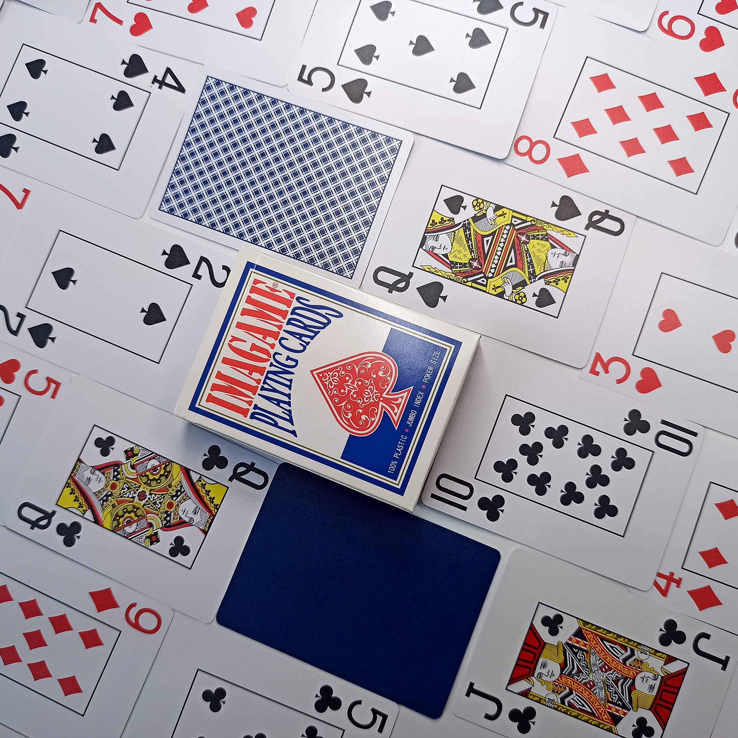 IMAGAME Plastikowe karty do gry, rozmiar pokera, jakość kasyna, indeks Jumbo, wodoodporne i nadające się do prania, idealne do pokera Texas Hold'em, 1 niebieska talia i 1 czerwona talia