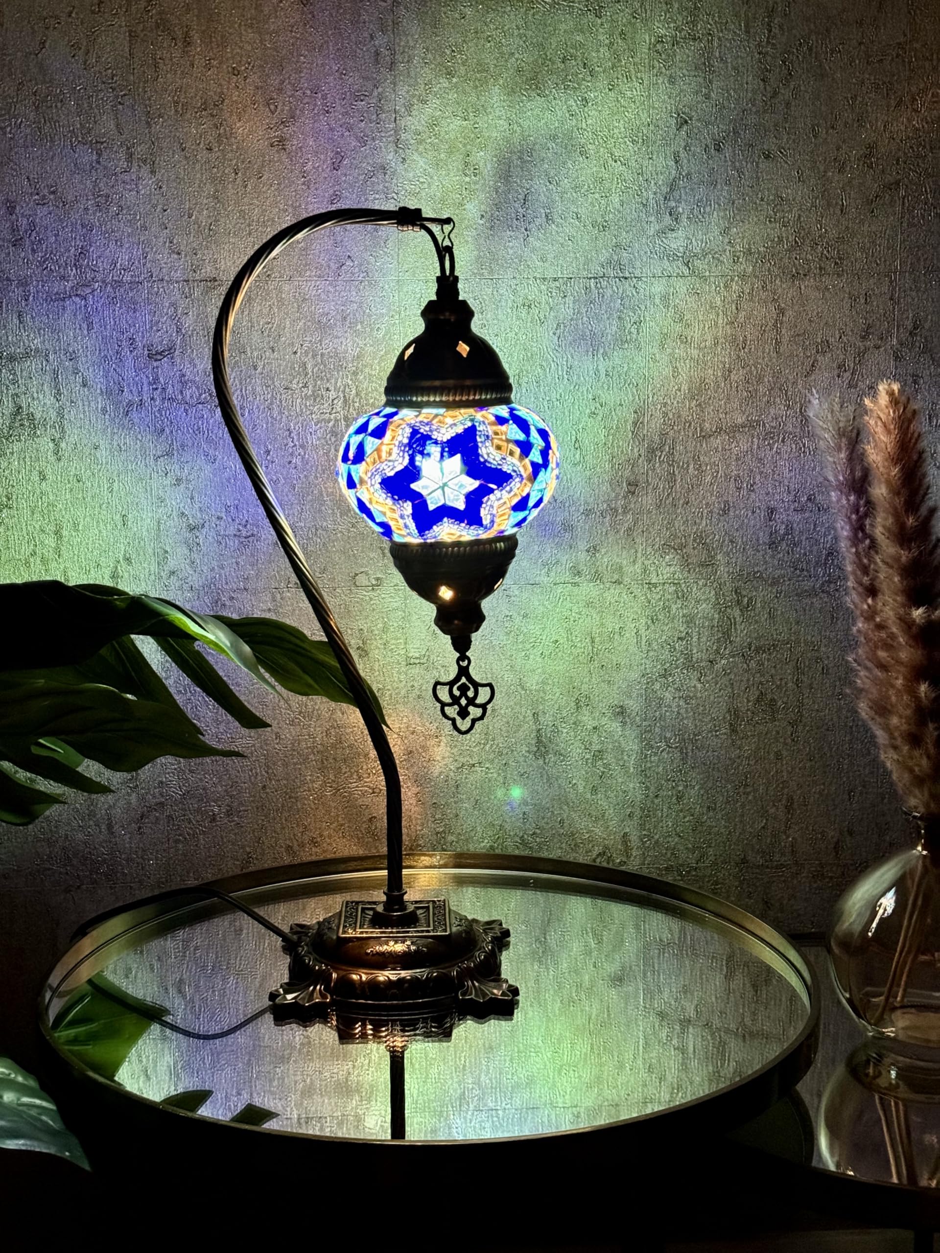 Lightza Handmade Turkish Moroccan Mosaic Desk Lamp LED Bulb | Swan Neck Unique Blue Globe Lampshade Table Light | UK Tested Safe Energy Efficient [Energy Class A] — image 1