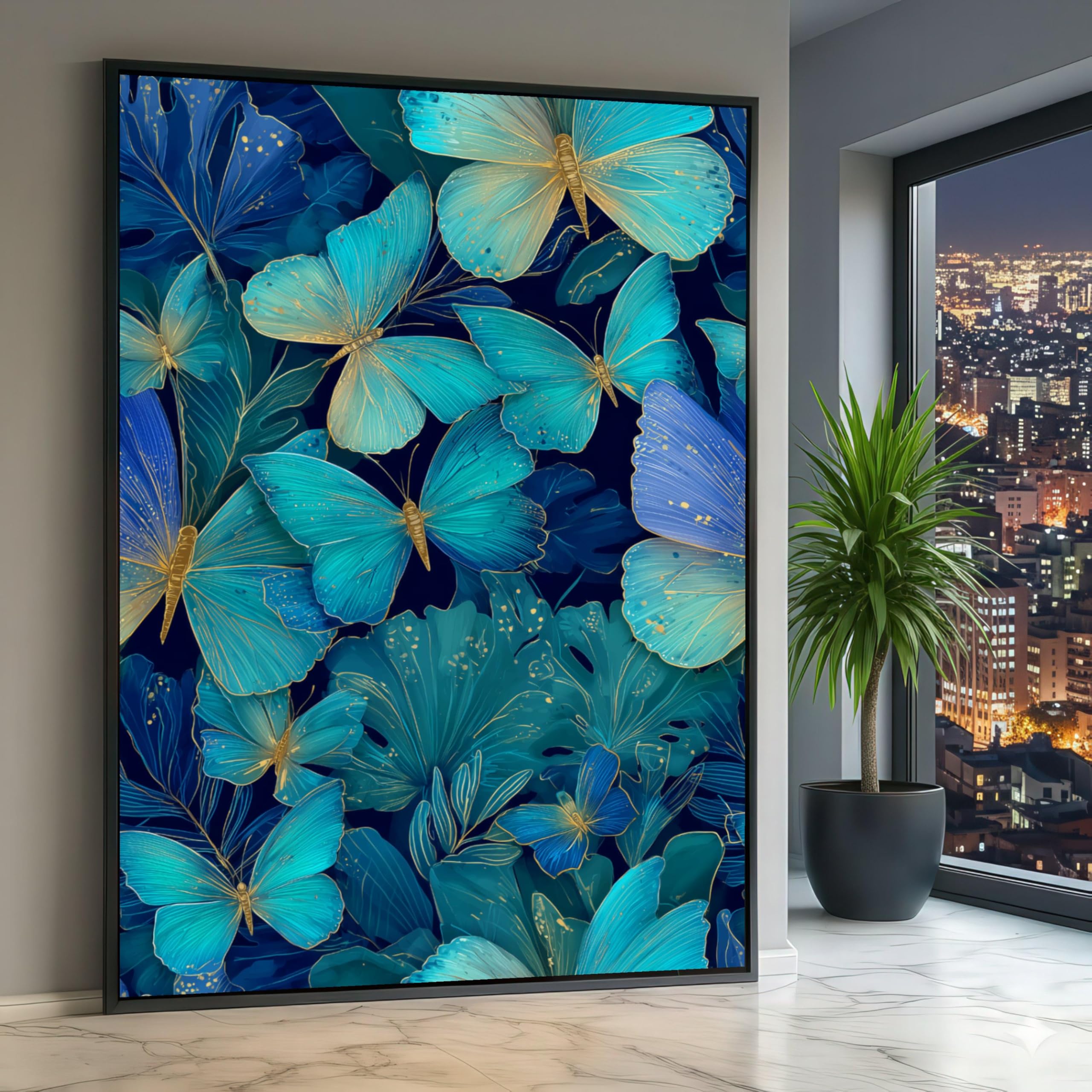 XINBAO Blue Butterflies and Tropical Leaves Canvas,Nature Wall Art, Botanical Home Décor, Blue Butterfly Canvas Print,Painting(80x120cm/Inner frame)