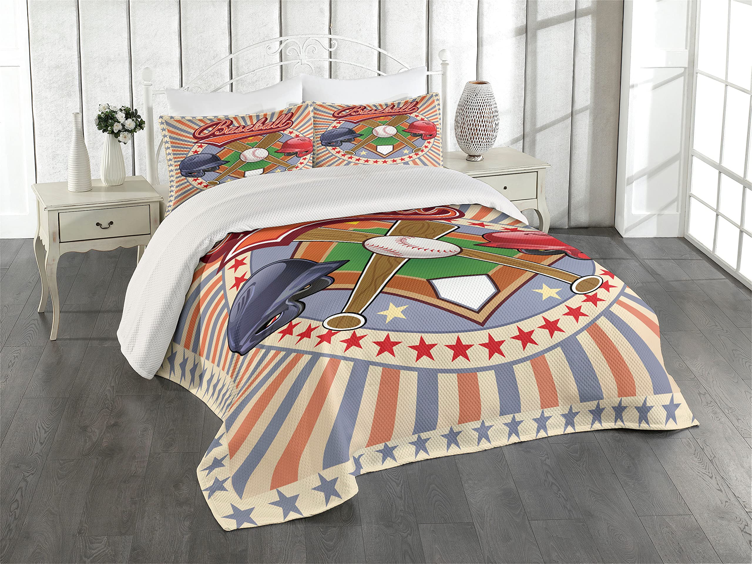 Ambesonne Baseball Coverlet, Retro Pop Art Baseball Logo with Vertical Striped Setting Bat and Ball Game Print, 3 Piece Decorative Quilted Bedspread Set with 2 Pillow Shams, King Size, Orange Bluegrey
