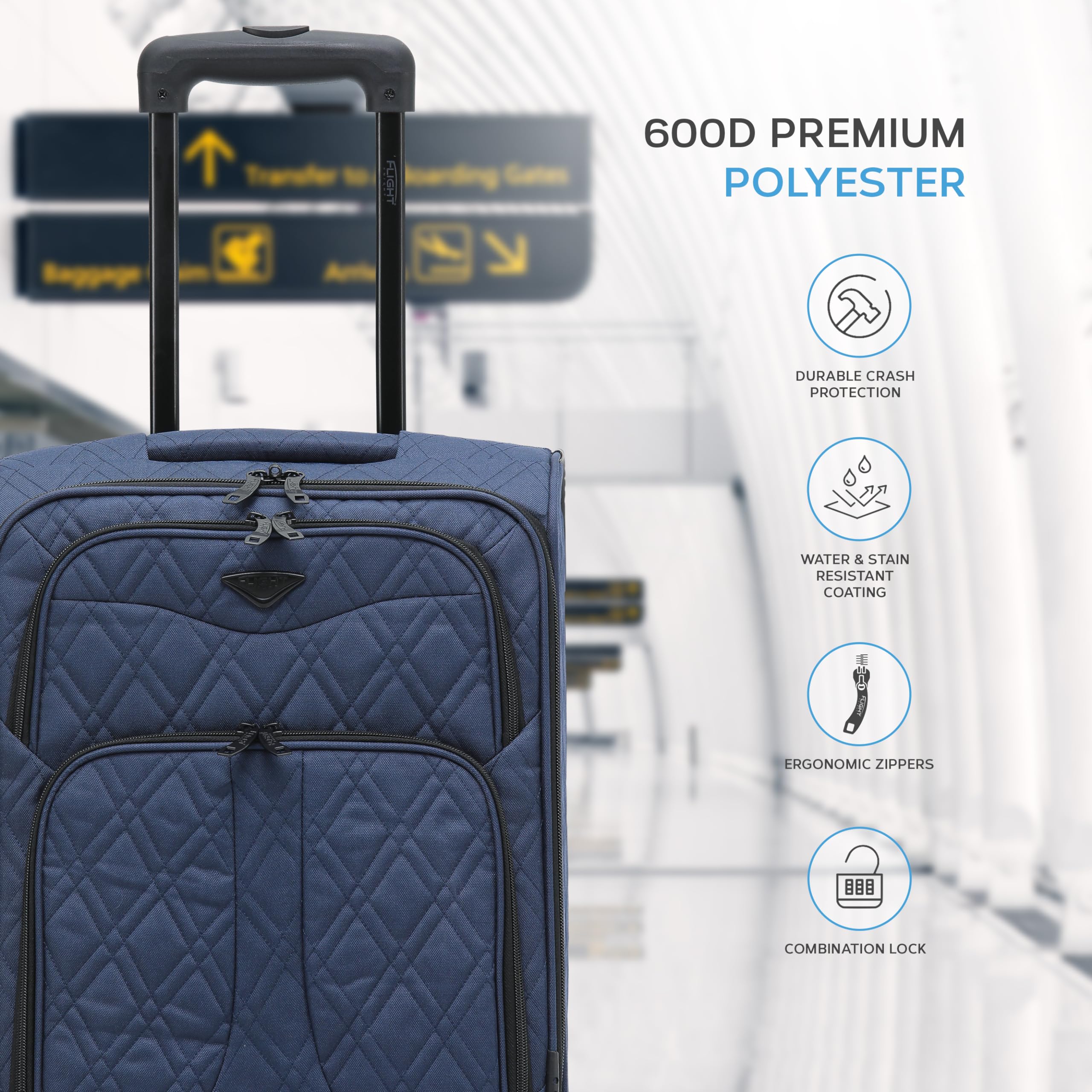 Flight Knight Lightweight 4 Wheel 800D Soft Case Quilted Suitcase Robust Anti Crack Cabin Carry On Hand Luggage Approved for Over 100 Airlines Including easyJet, BA & Many More!